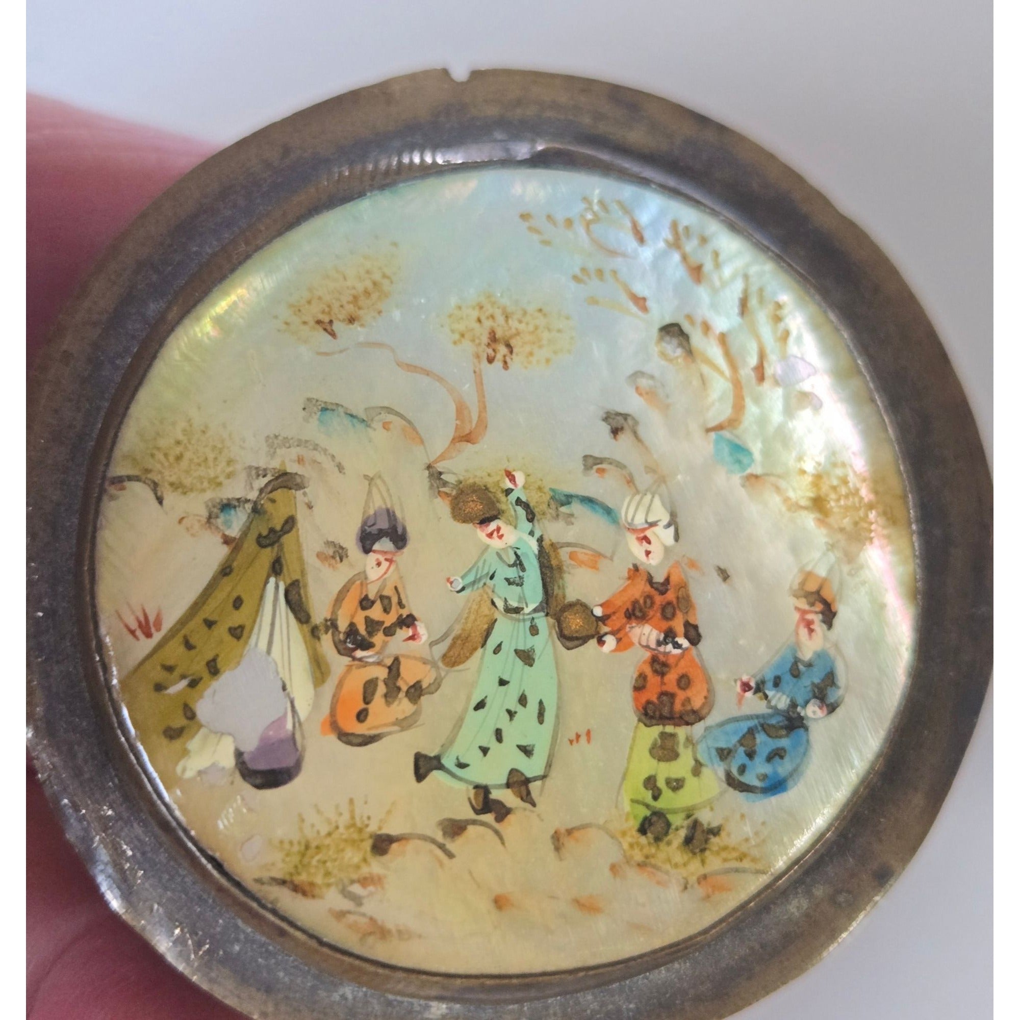 Vintage Hand-Painted Mother Of Pearl & Brass Round Trinket Box With Persian-Style Scene