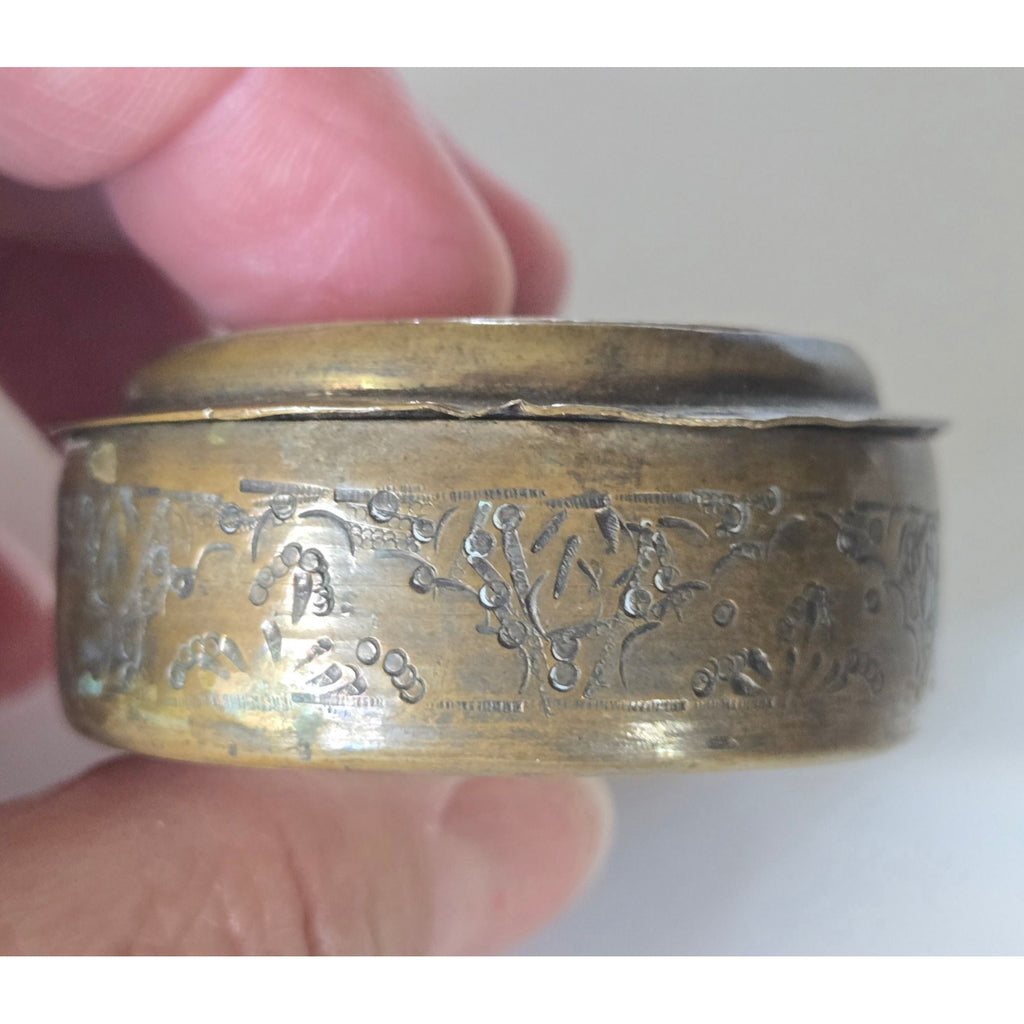 Vintage Hand-Painted Mother Of Pearl & Brass Round Trinket Box With Persian-Style Scene