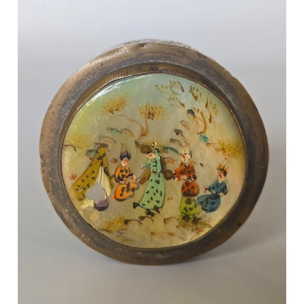 Vintage Hand-Painted Mother Of Pearl & Brass Round Trinket Box With Persian-Style Scene