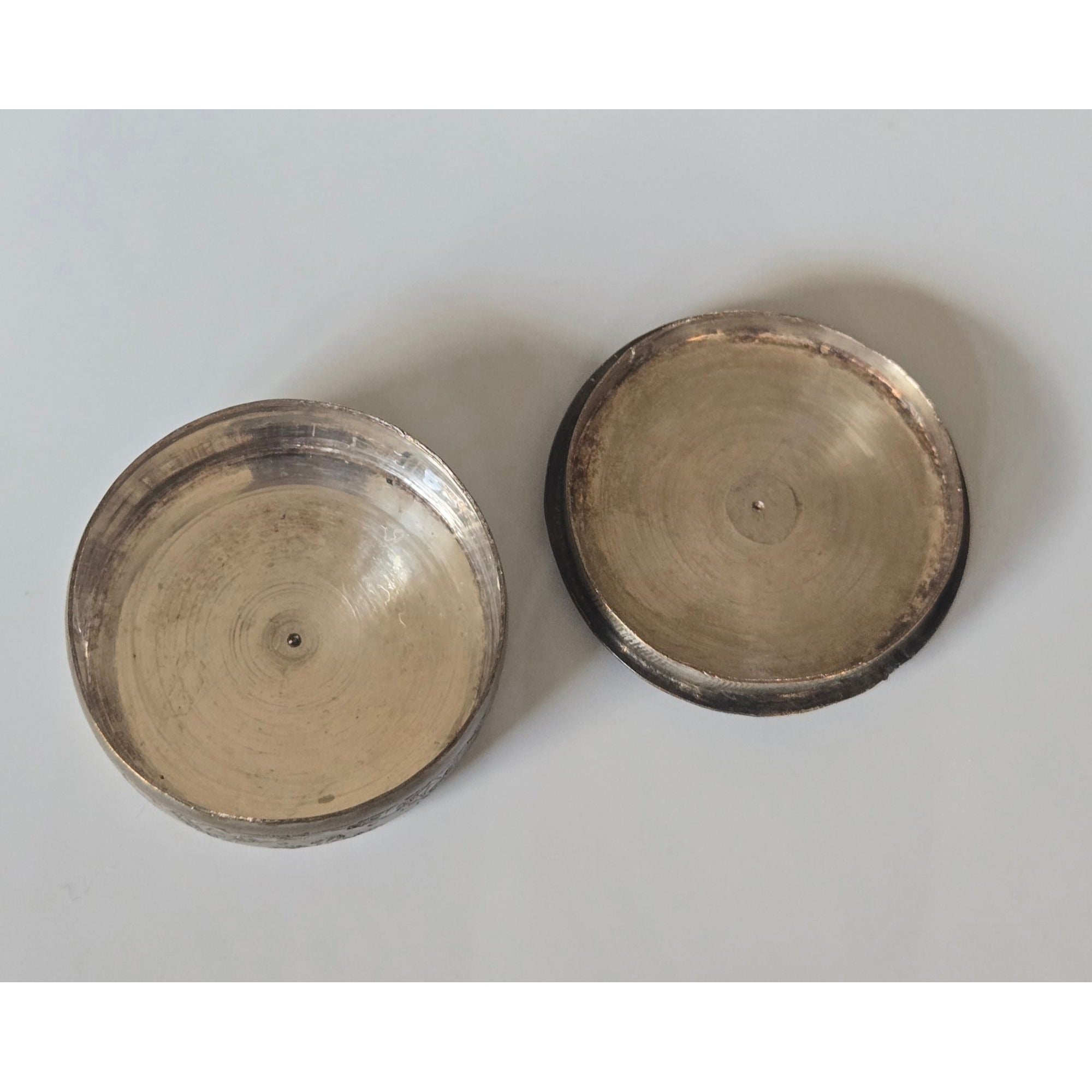 Vintage Hand-Painted Mother Of Pearl & Brass Round Trinket Box With Persian-Style Scene