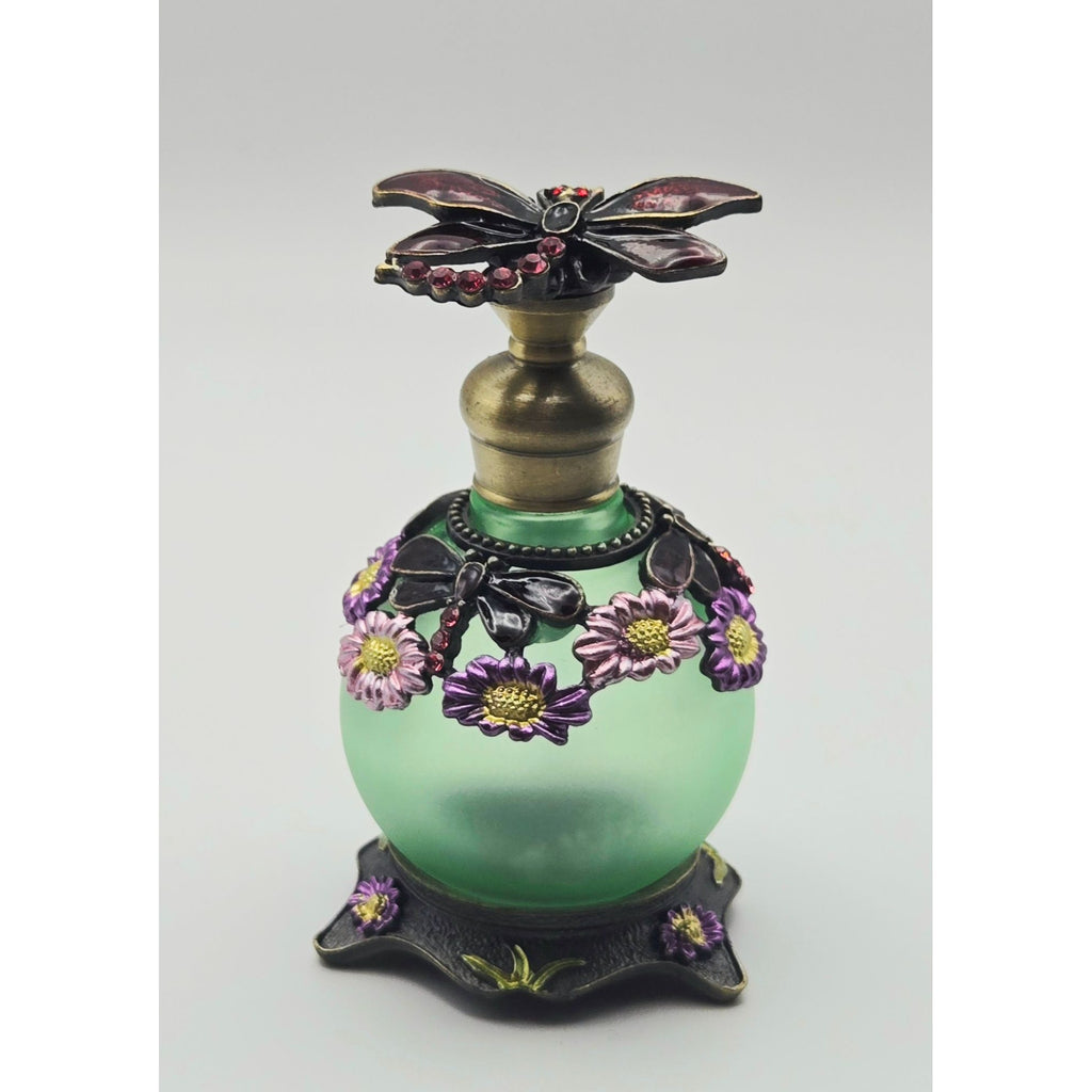 Dragonfly Ormolu & Glass Perfume Bottle Rhinestones Frosted Green Glass, Bronze trim