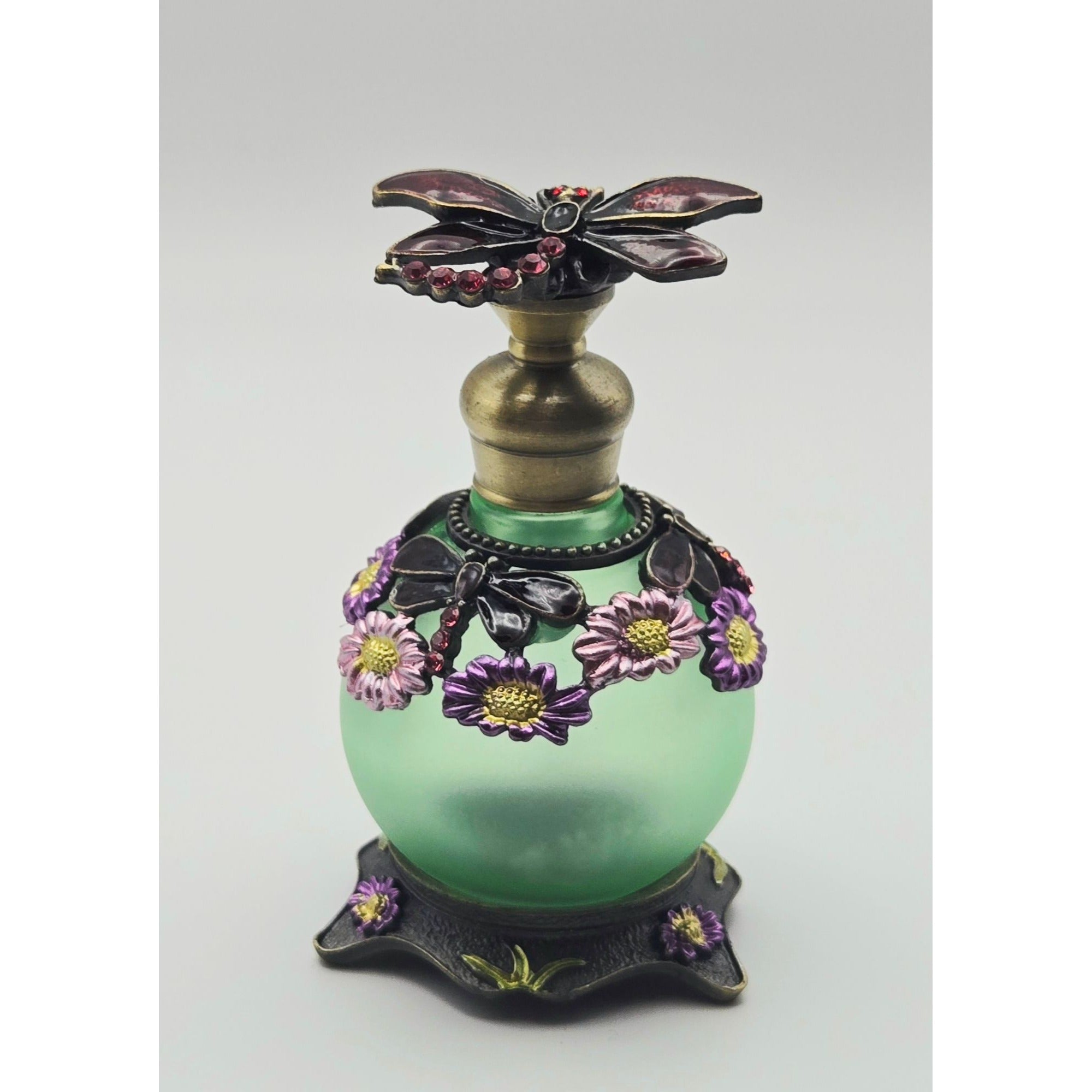 Dragonfly Ormolu & Glass Perfume Bottle Rhinestones Frosted Green Glass, Bronze trim