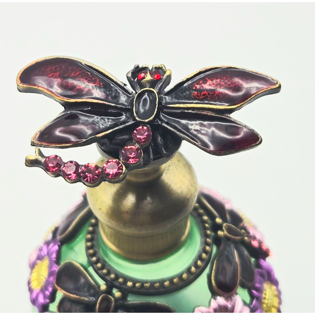 Dragonfly Ormolu & Glass Perfume Bottle Rhinestones Frosted Green Glass, Bronze trim