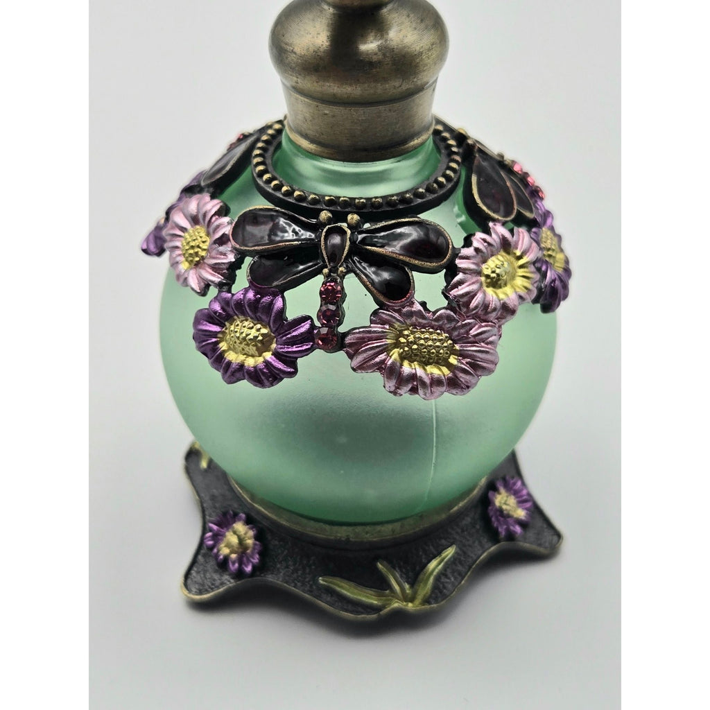 Dragonfly Ormolu & Glass Perfume Bottle Rhinestones Frosted Green Glass, Bronze trim