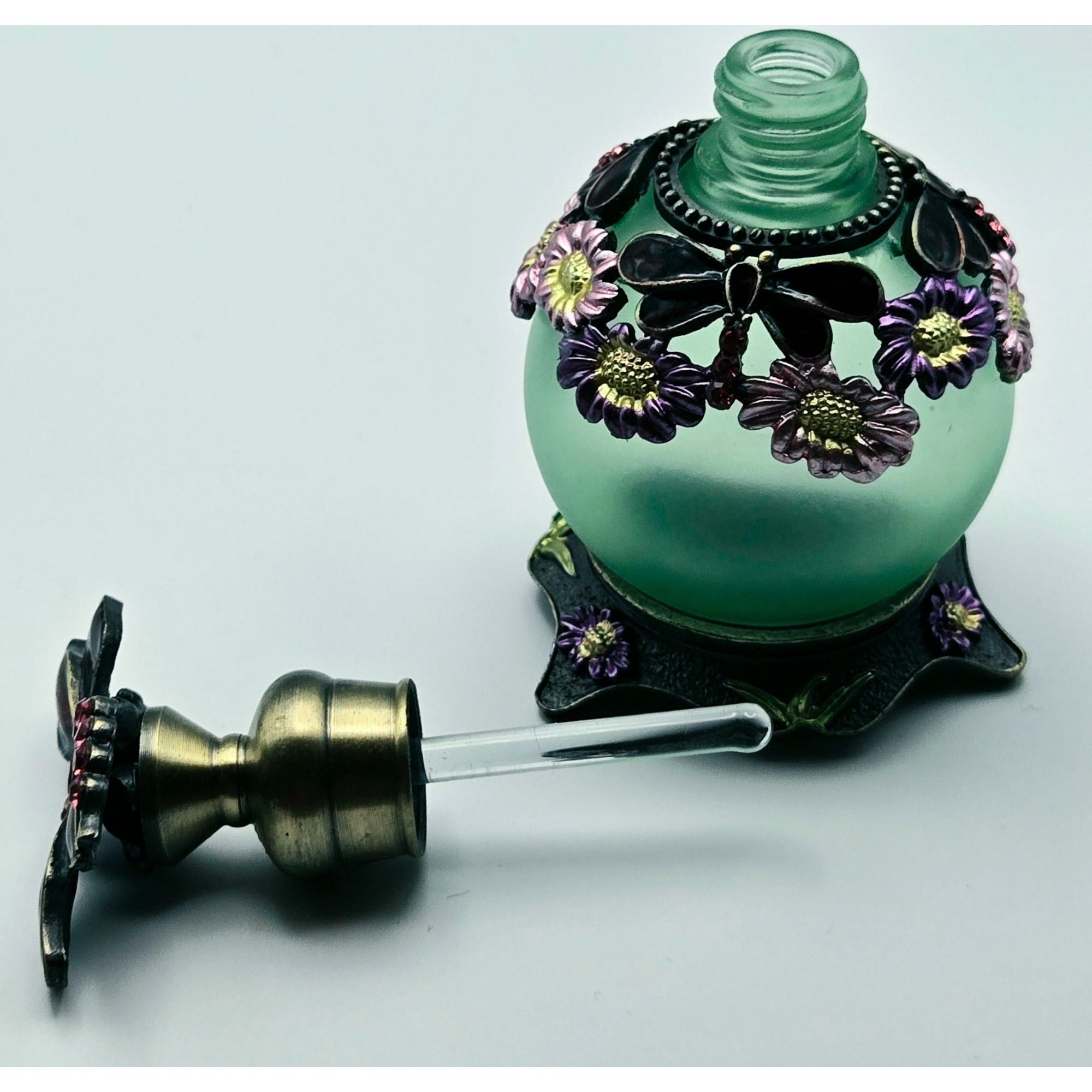 Dragonfly Ormolu & Glass Perfume Bottle Rhinestones Frosted Green Glass, Bronze trim