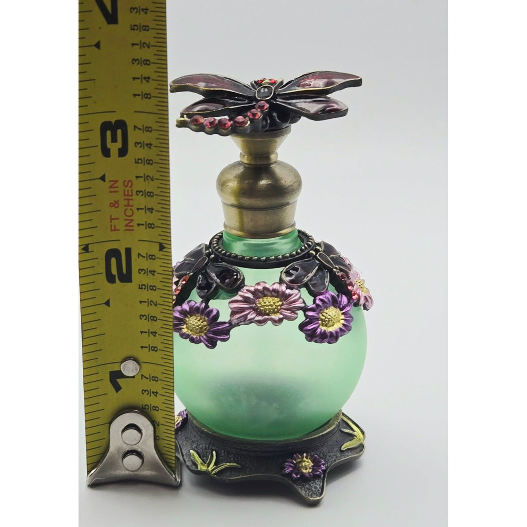 Dragonfly Ormolu & Glass Perfume Bottle Rhinestones Frosted Green Glass, Bronze trim
