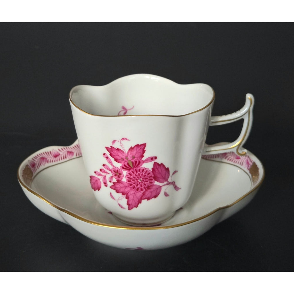 Herend Pink Raspberry Tea Cup Saucer Set Apponyi Chinese Bouquet Gold-Trimmed