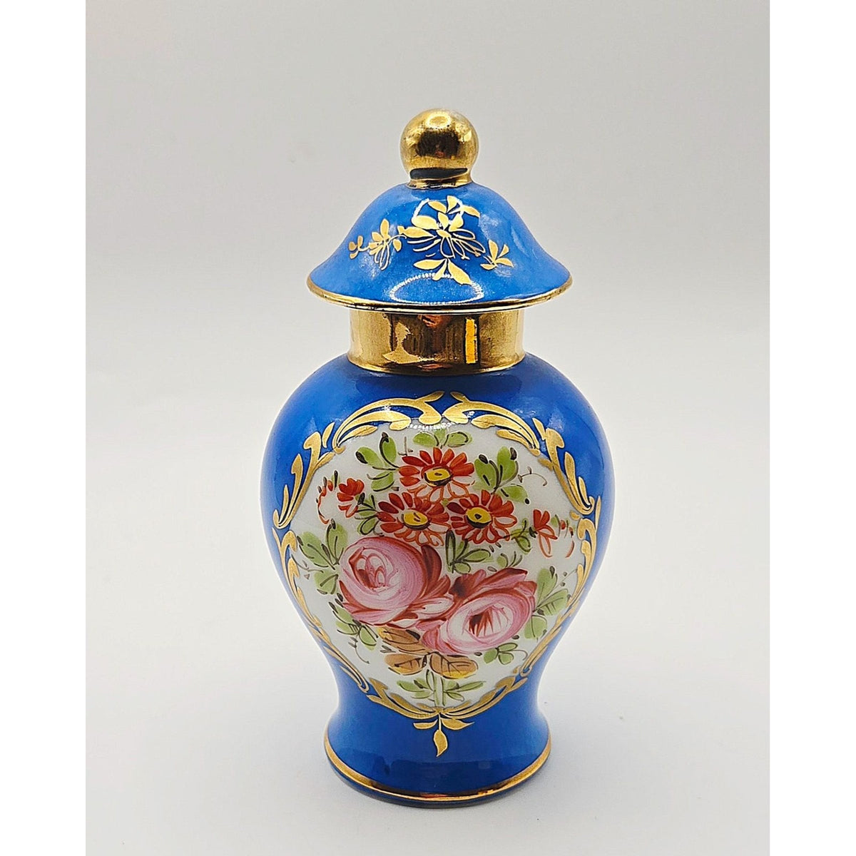 Antique Limoges Jar Hand Painted Porcelain w/Lid French Blue Flowers & Gold trim