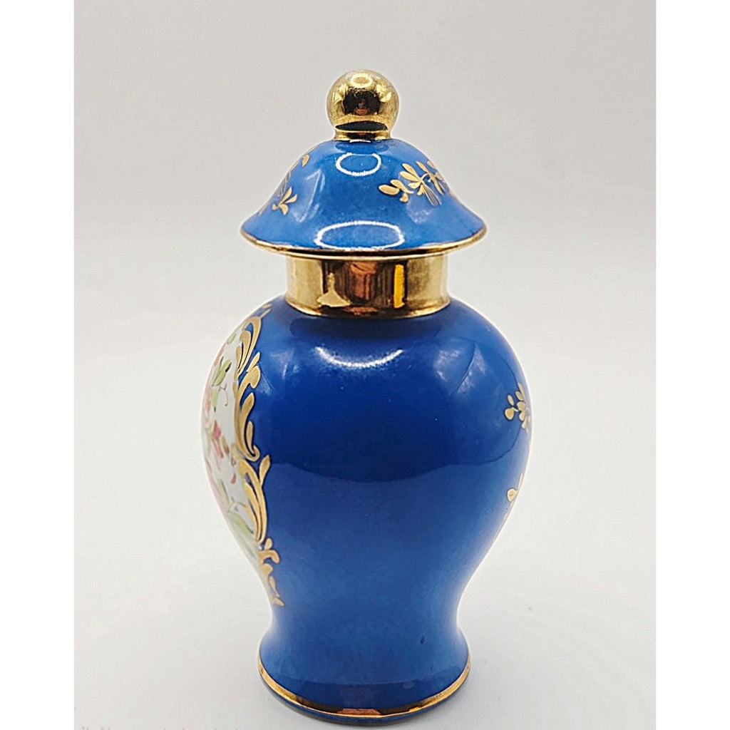 Antique Limoges Jar Hand Painted Porcelain w/Lid French Blue Flowers & Gold trim