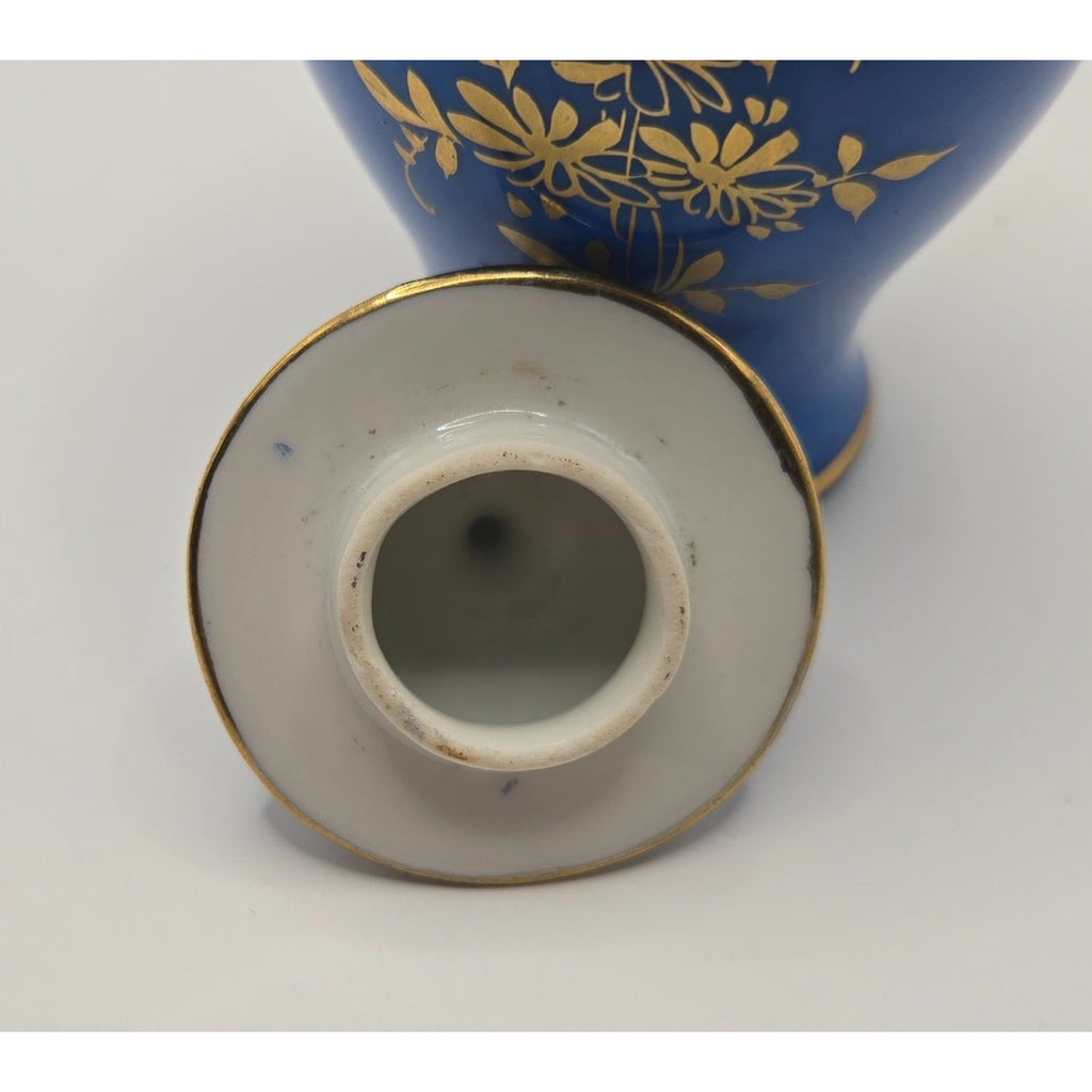Antique Limoges Jar Hand Painted Porcelain w/Lid French Blue Flowers & Gold trim