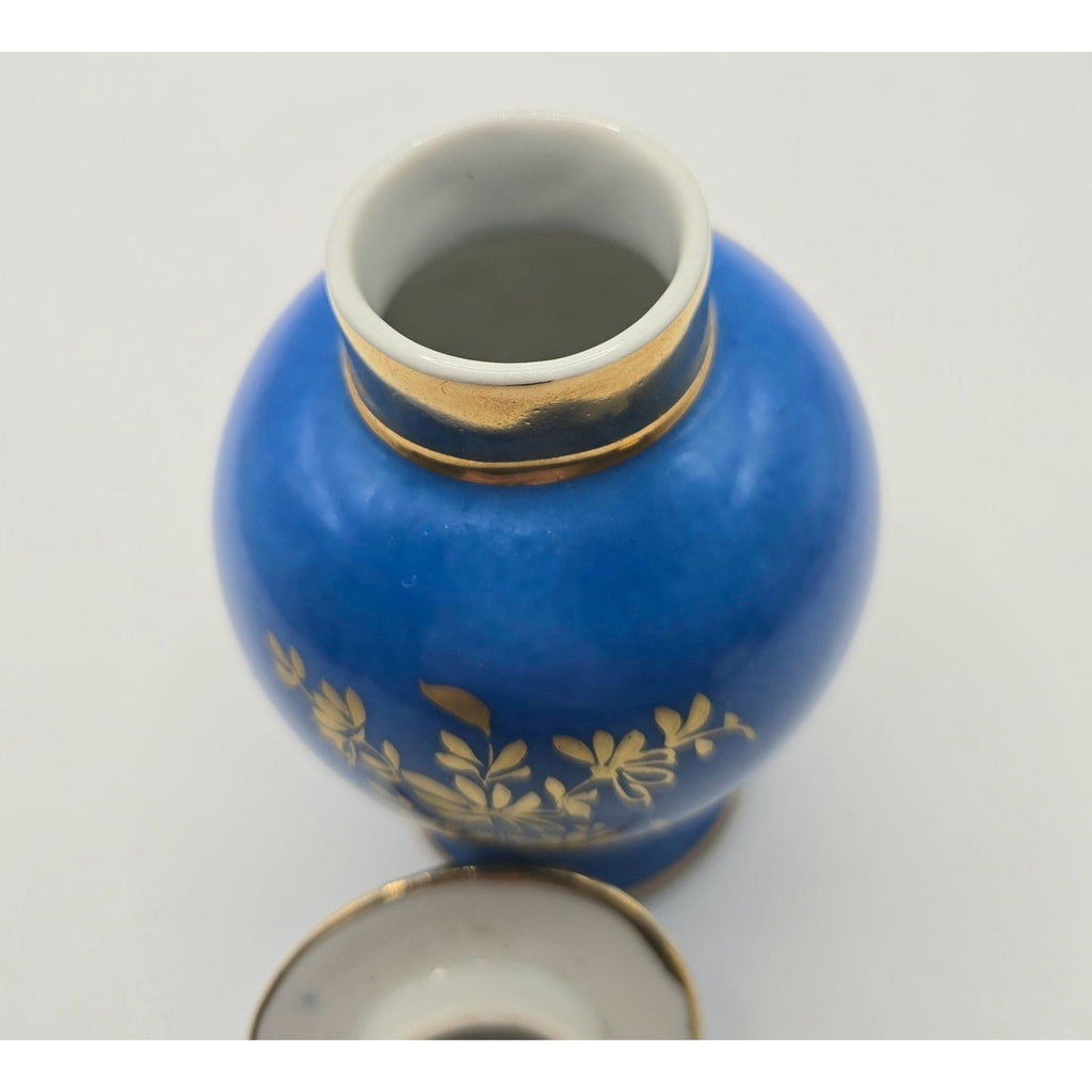 Antique Limoges Jar Hand Painted Porcelain w/Lid French Blue Flowers & Gold trim