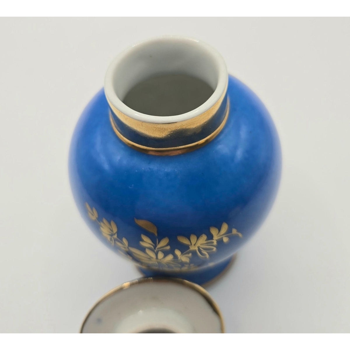 Antique Limoges Jar Hand Painted Porcelain w/Lid French Blue Flowers & Gold trim