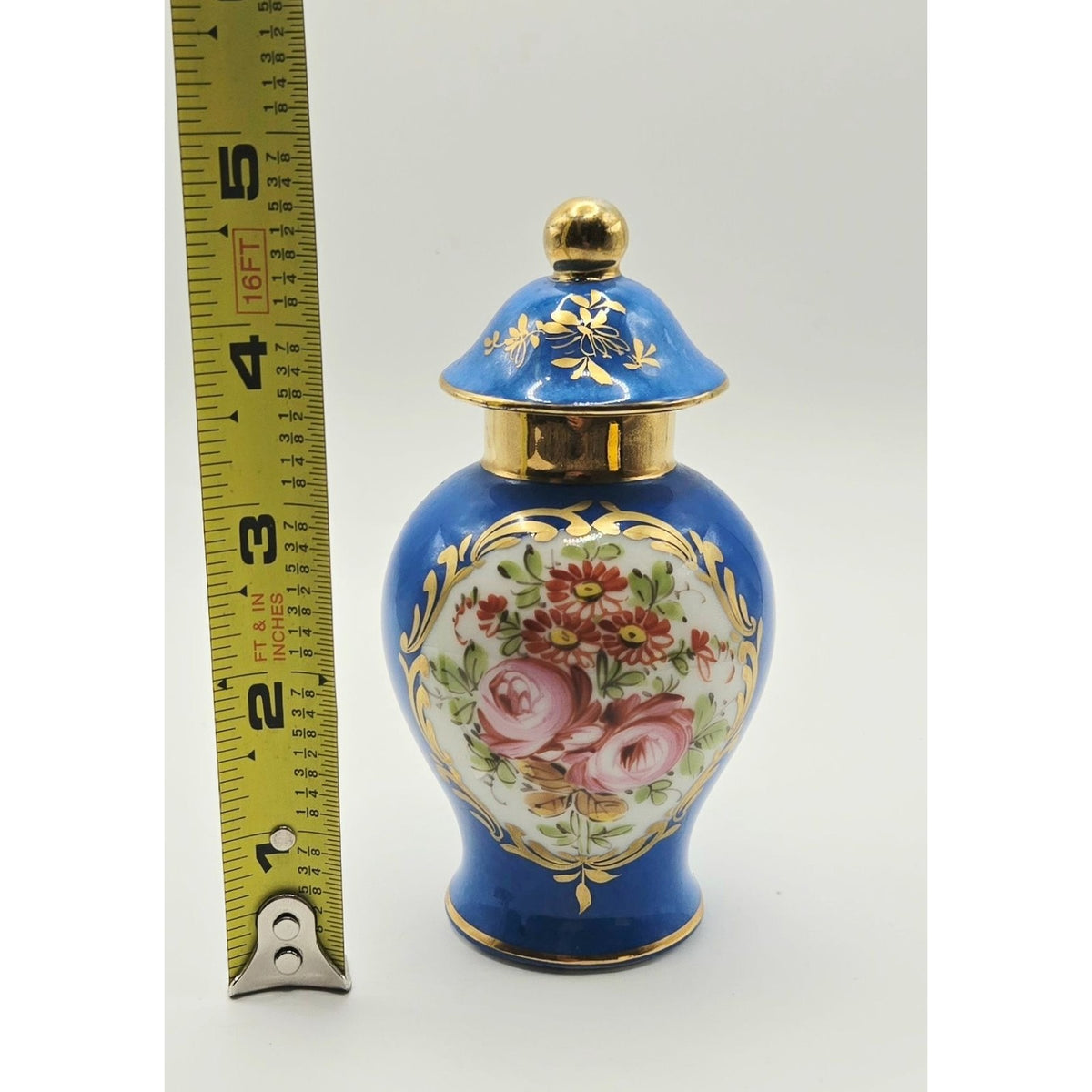 Antique Limoges Jar Hand Painted Porcelain w/Lid French Blue Flowers & Gold trim