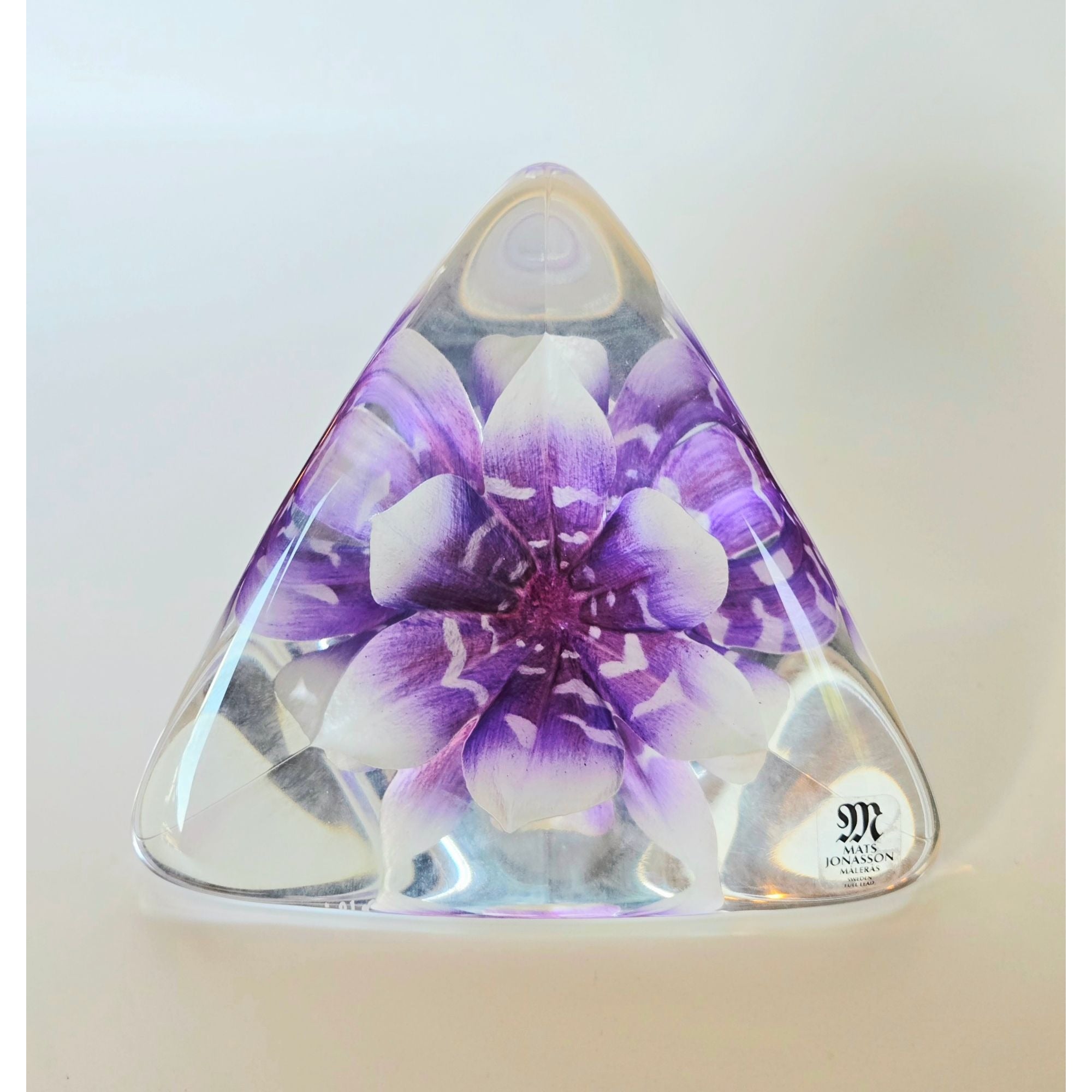 Mats Jonasson 3D Purple Orchid Lead Crystal Paperweight Handmade In Sweden 4", MINT