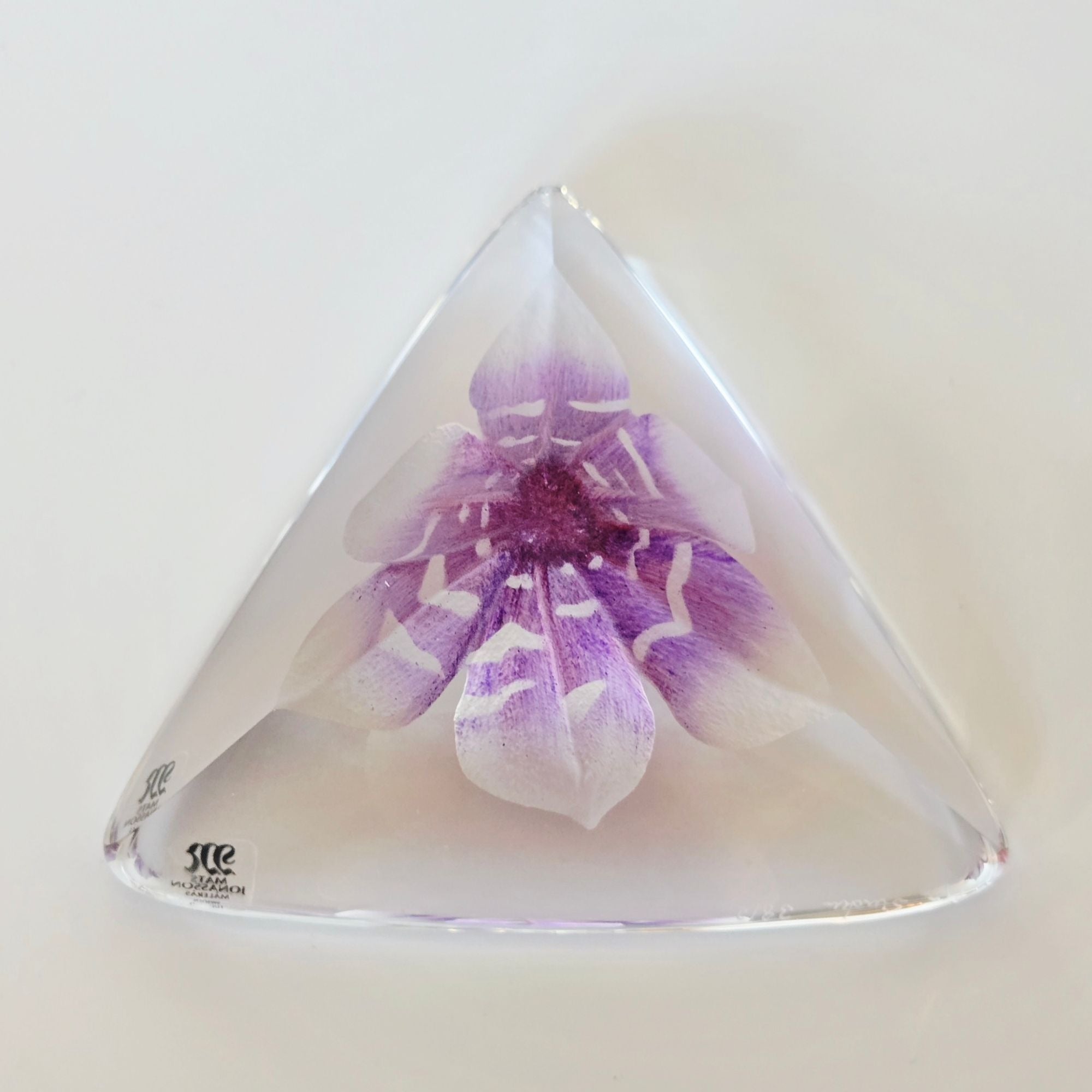 Mats Jonasson 3D Purple Orchid Lead Crystal Paperweight Handmade In Sweden 4", MINT