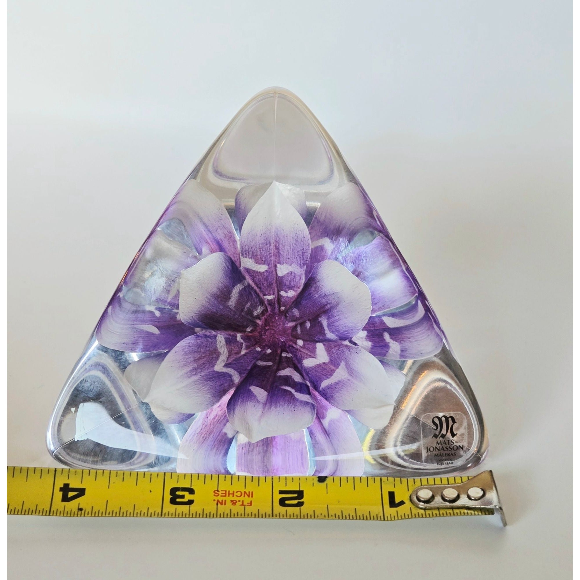Mats Jonasson 3D Purple Orchid Lead Crystal Paperweight Handmade In Sweden 4", MINT