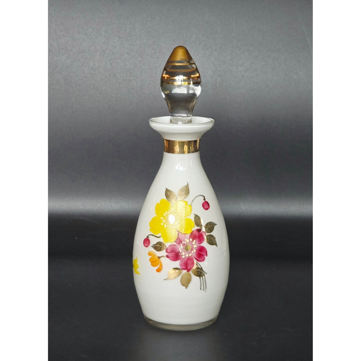 Hand-Painted Czech Floral Glass Perfume Bottle Gold Accents & Glass Stopper 7 in