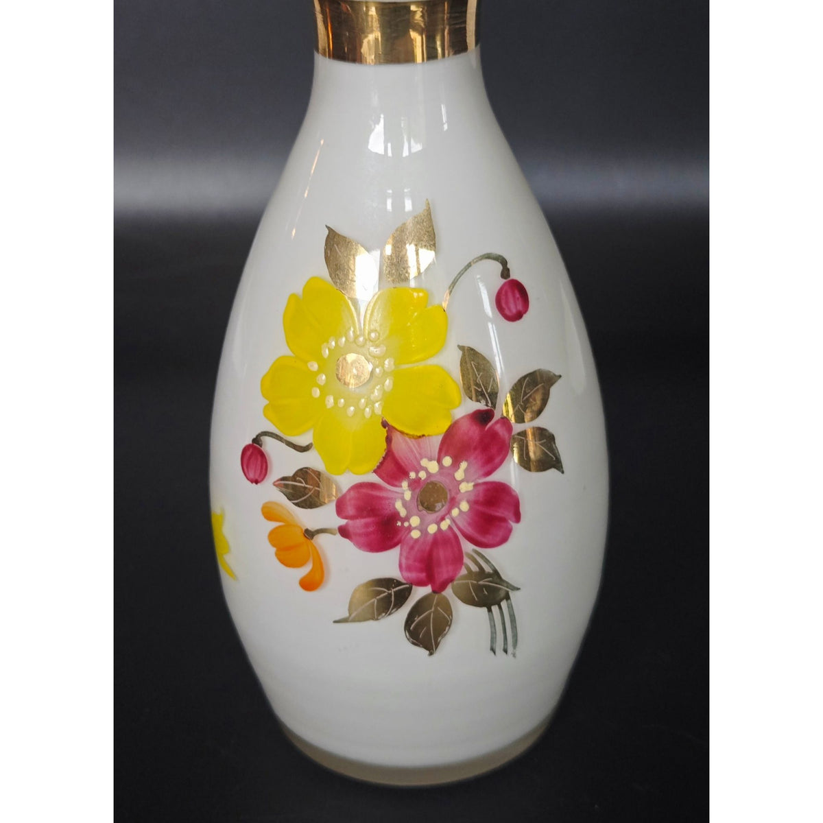 Hand-Painted Czech Floral Glass Perfume Bottle Gold Accents & Glass Stopper 7 in