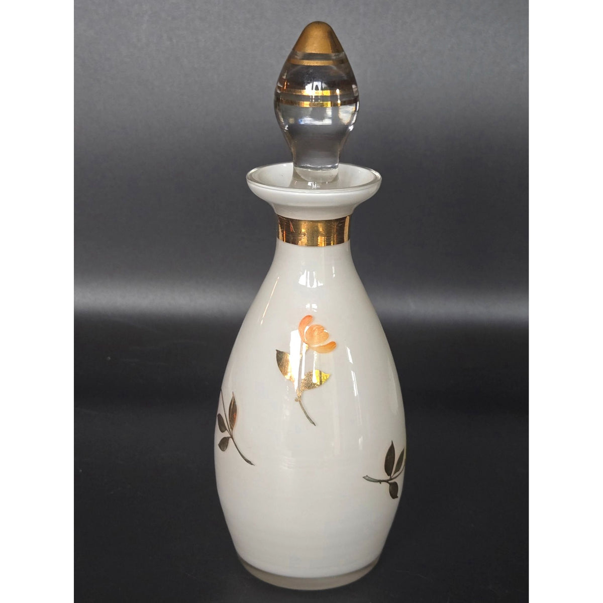 Hand-Painted Czech Floral Glass Perfume Bottle Gold Accents & Glass Stopper 7 in