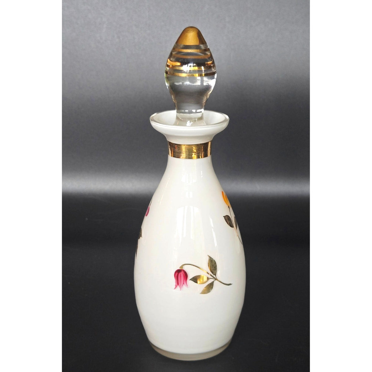 Hand-Painted Czech Floral Glass Perfume Bottle Gold Accents & Glass Stopper 7 in
