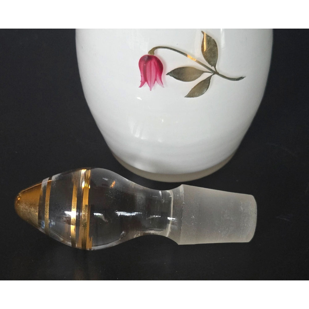 Hand-Painted Czech Floral Glass Perfume Bottle Gold Accents & Glass Stopper 7 in