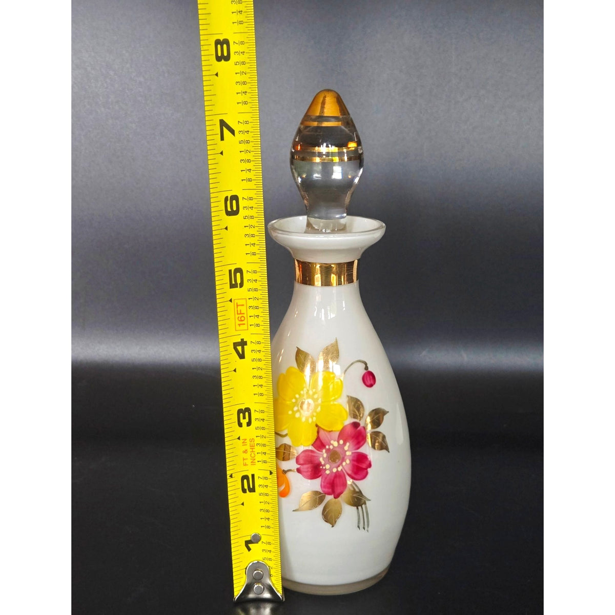 Hand-Painted Czech Floral Glass Perfume Bottle Gold Accents & Glass Stopper 7 in
