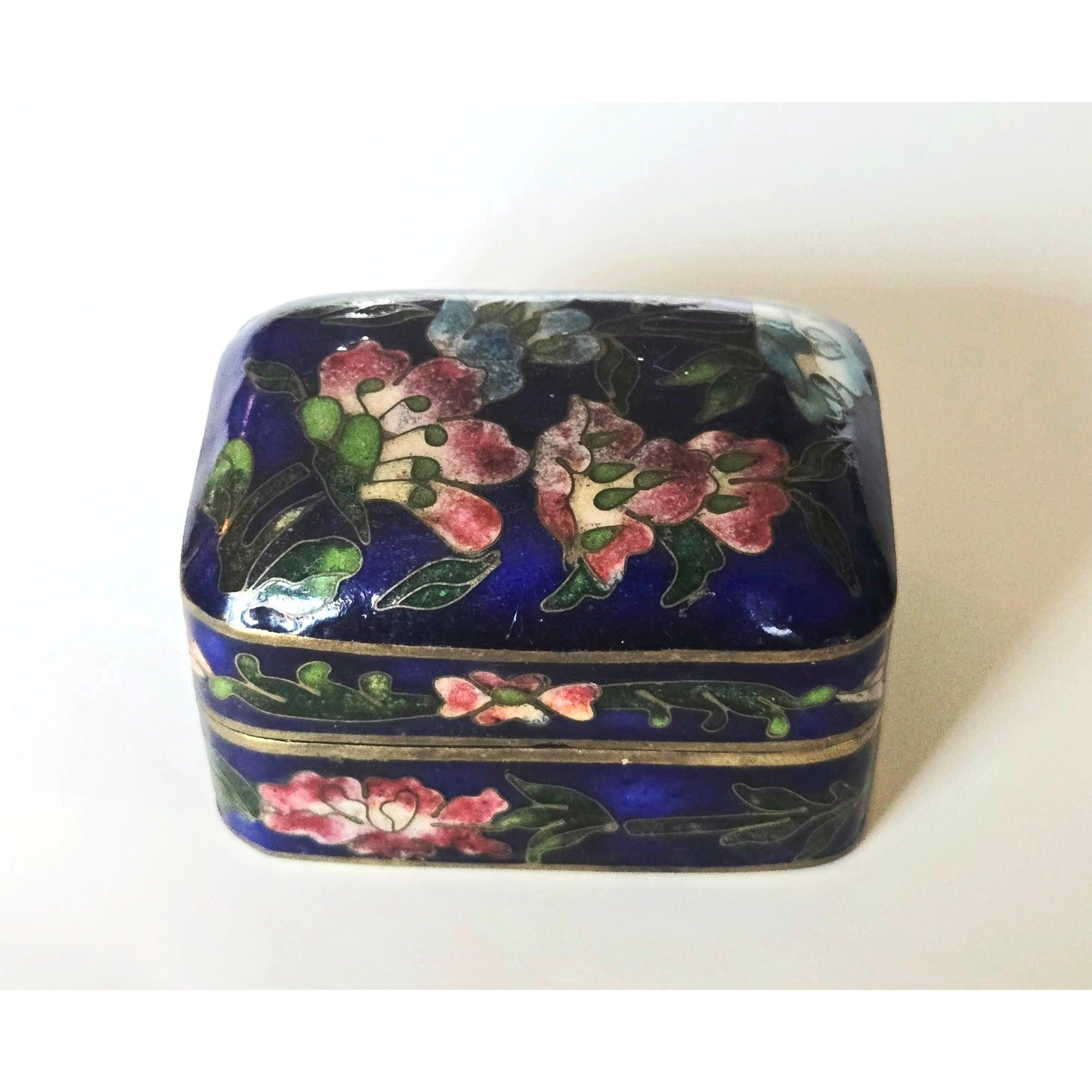 Vintage Navy Brass Cloisonné Enamel Trinket Box Floral Designs, Hinged Lid