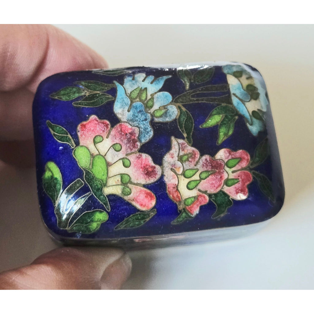Vintage Navy Brass Cloisonné Enamel Trinket Box Floral Designs, Hinged Lid