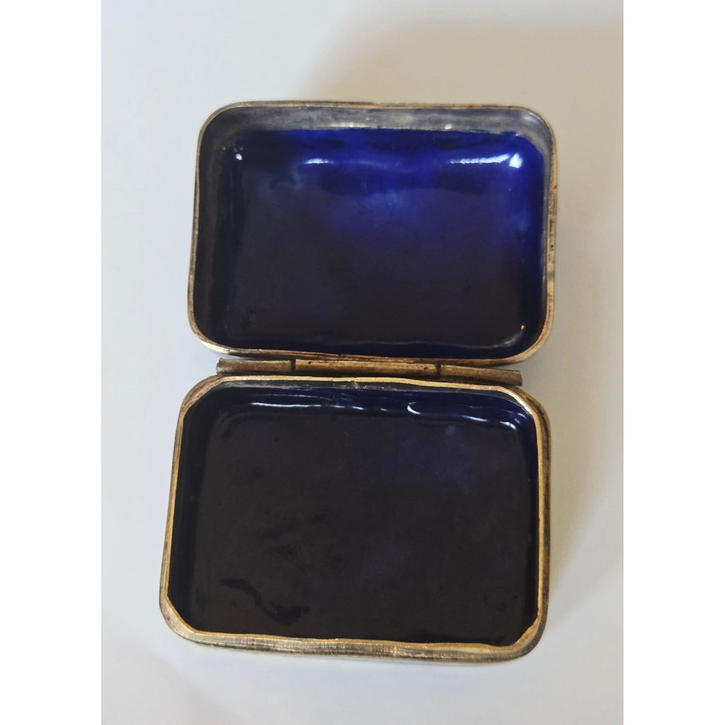 Vintage Navy Brass Cloisonné Enamel Trinket Box Floral Designs, Hinged Lid