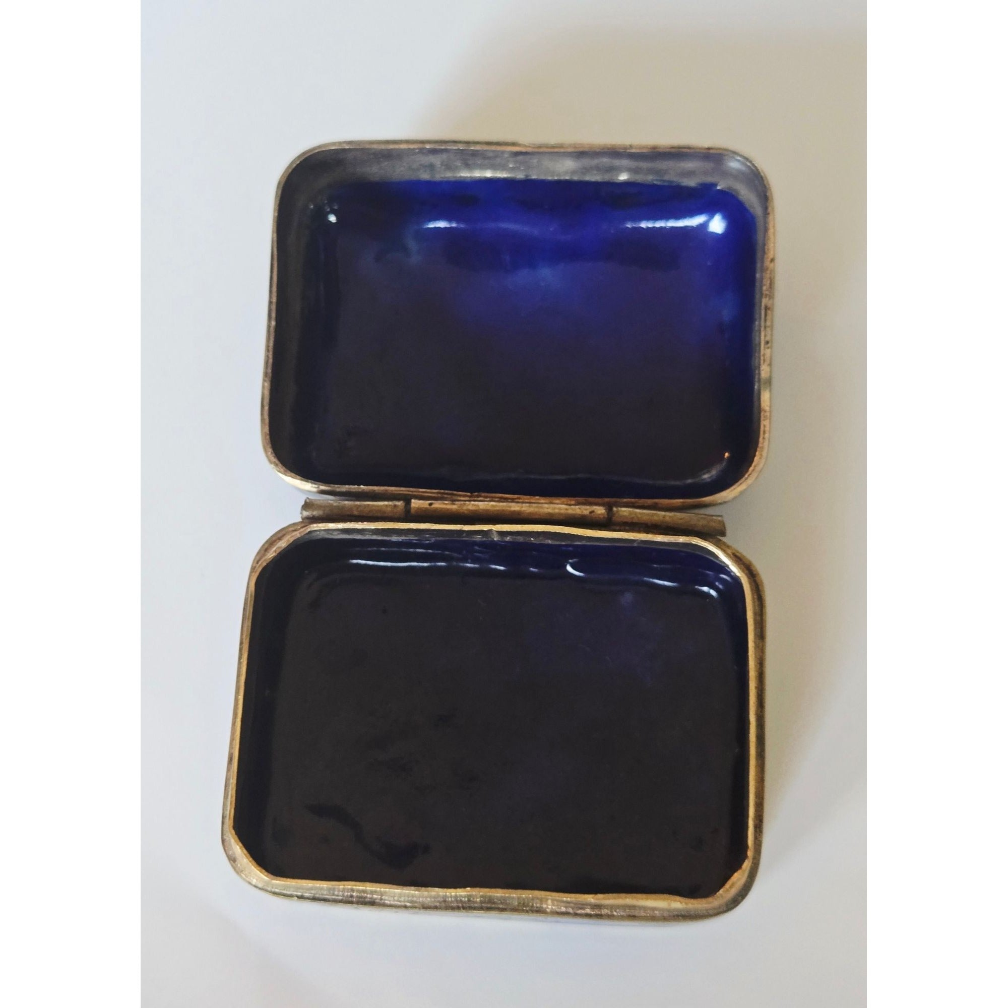Vintage Navy Brass Cloisonné Enamel Trinket Box Floral Designs, Hinged Lid
