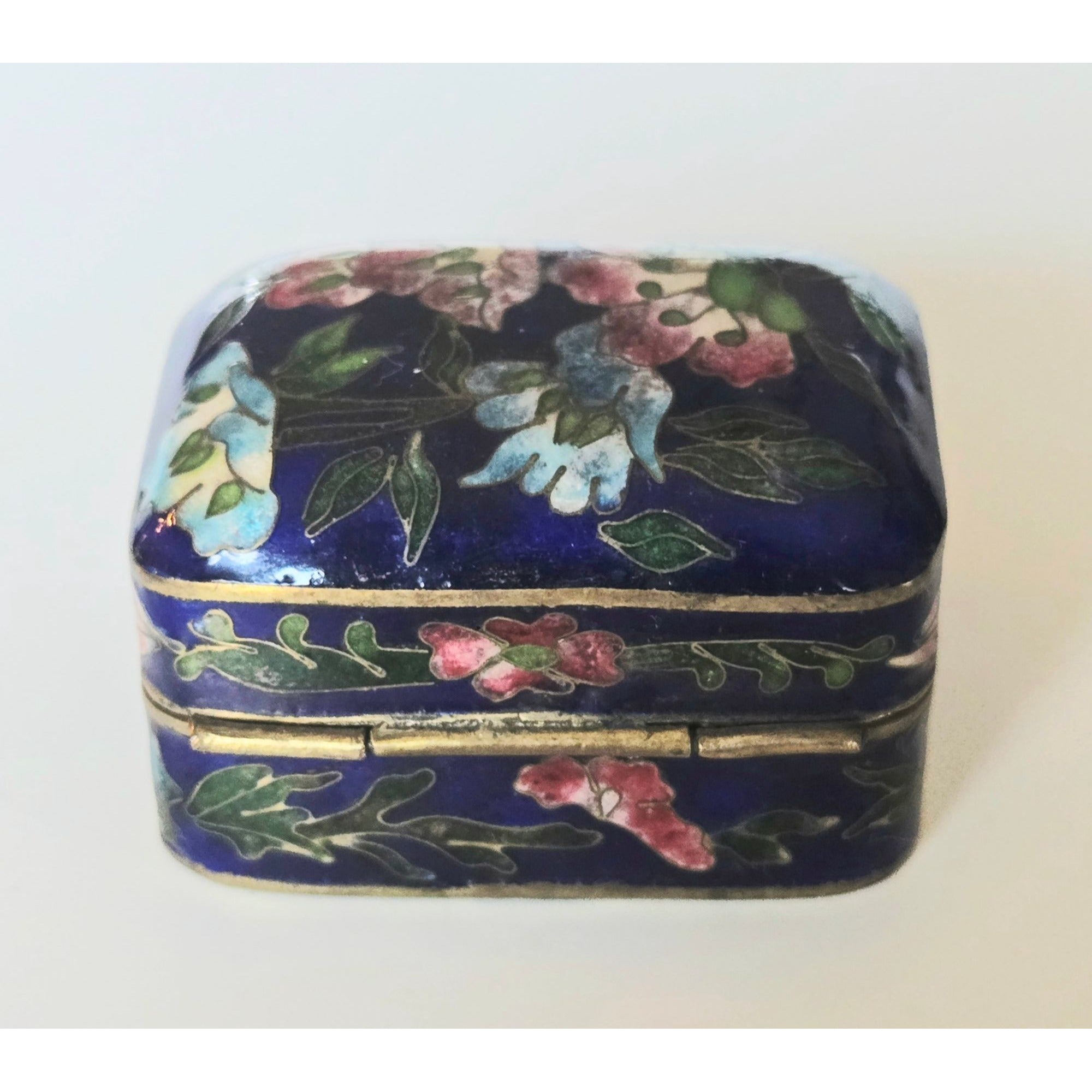 Vintage Navy Brass Cloisonné Enamel Trinket Box Floral Designs, Hinged Lid