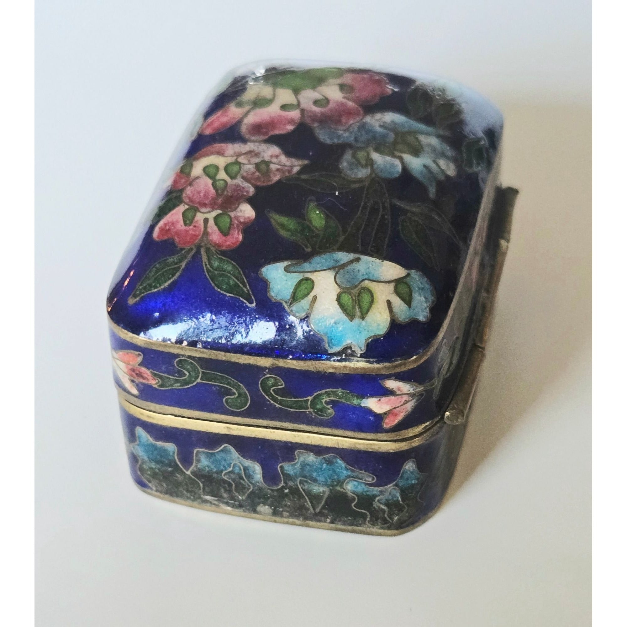 Vintage Navy Brass Cloisonné Enamel Trinket Box Floral Designs, Hinged Lid