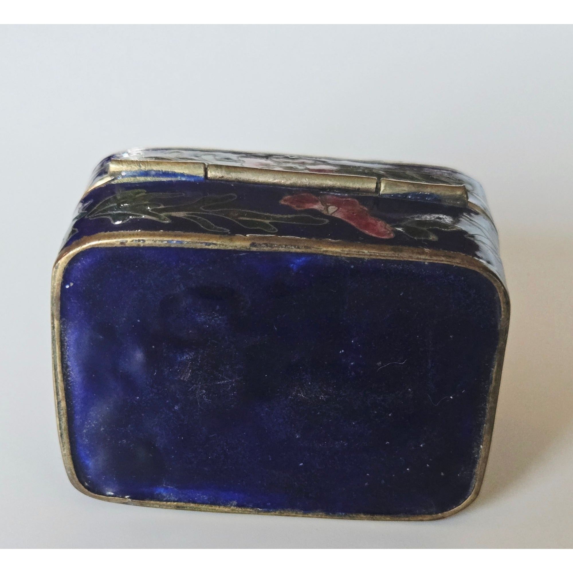 Vintage Navy Brass Cloisonné Enamel Trinket Box Floral Designs, Hinged Lid