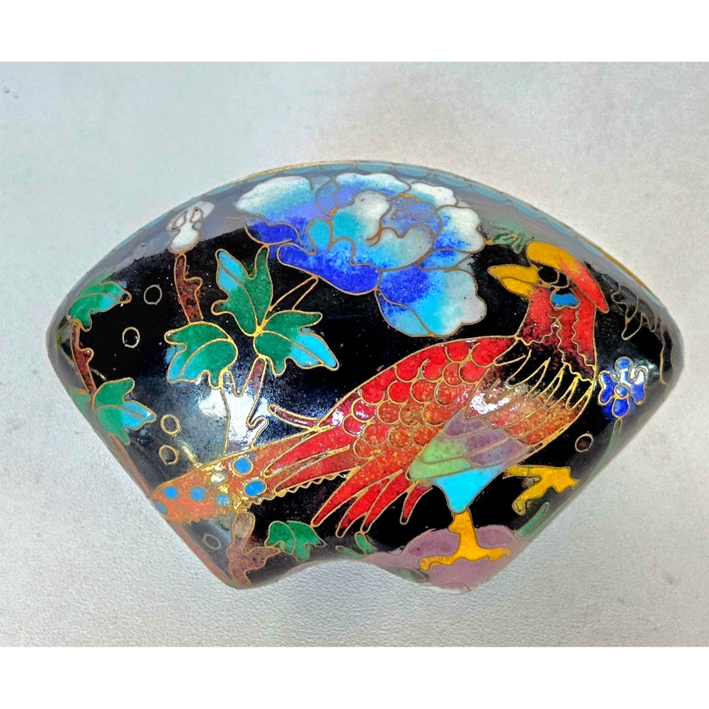Hand-Painted Cloisonné Trinket Box With Floral & Bird Motif Black & Blue Gold Accents