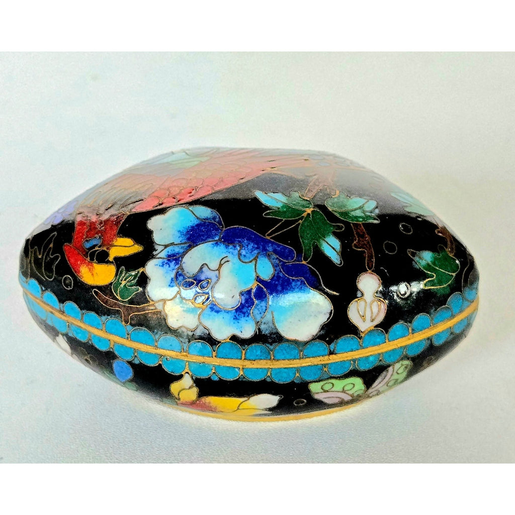 Hand-Painted Cloisonné Trinket Box With Floral & Bird Motif Black & Blue Gold Accents