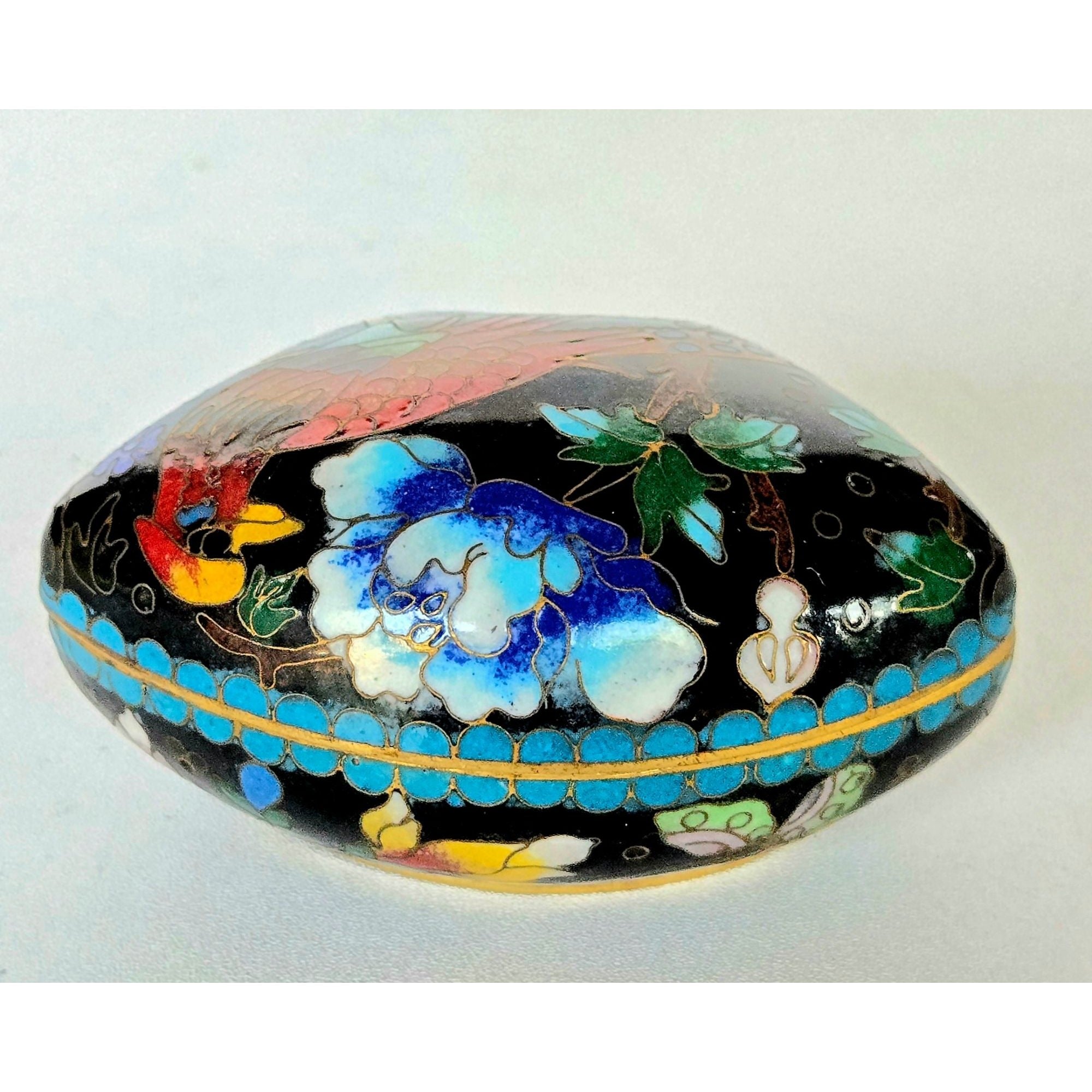 Hand-Painted Cloisonné Trinket Box With Floral & Bird Motif Black & Blue Gold Accents