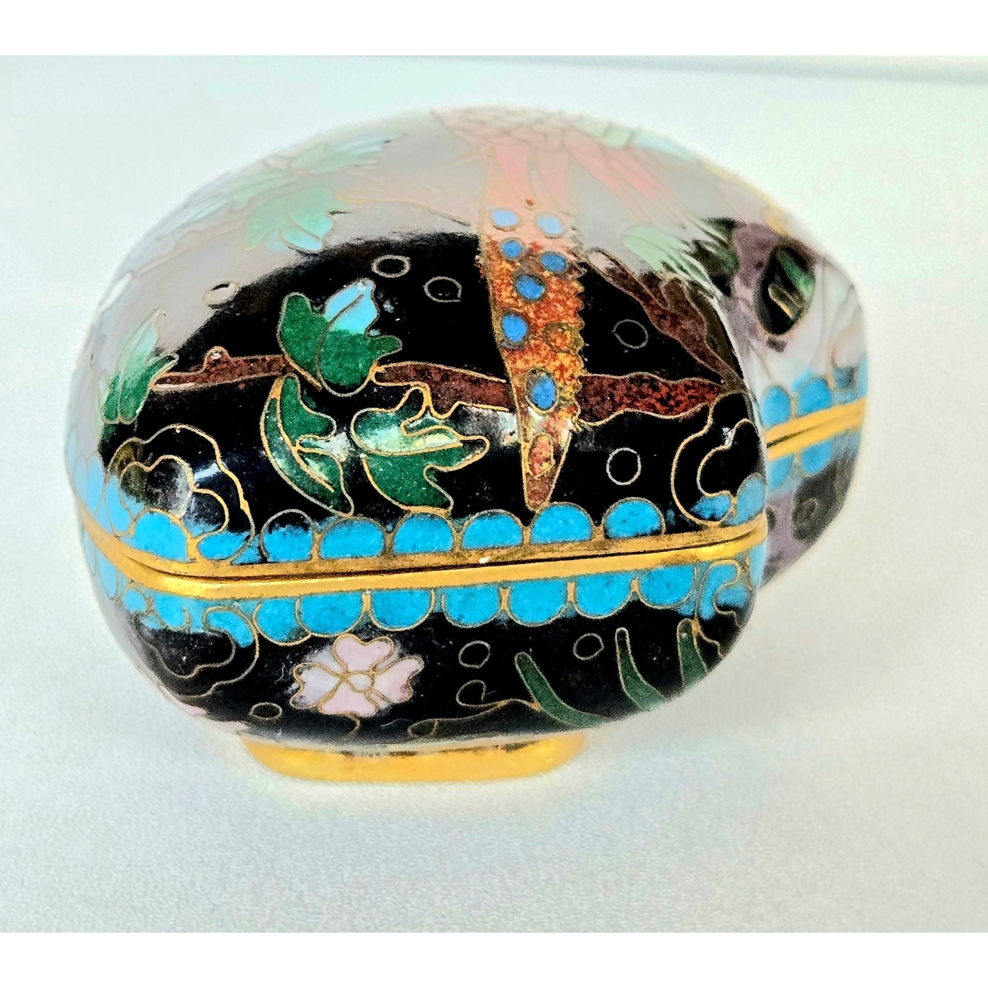 Hand-Painted Cloisonné Trinket Box With Floral & Bird Motif Black & Blue Gold Accents