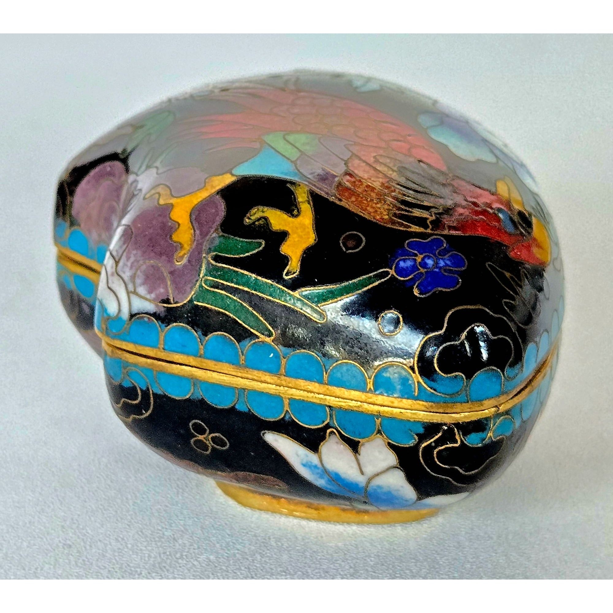 Hand-Painted Cloisonné Trinket Box With Floral & Bird Motif Black & Blue Gold Accents