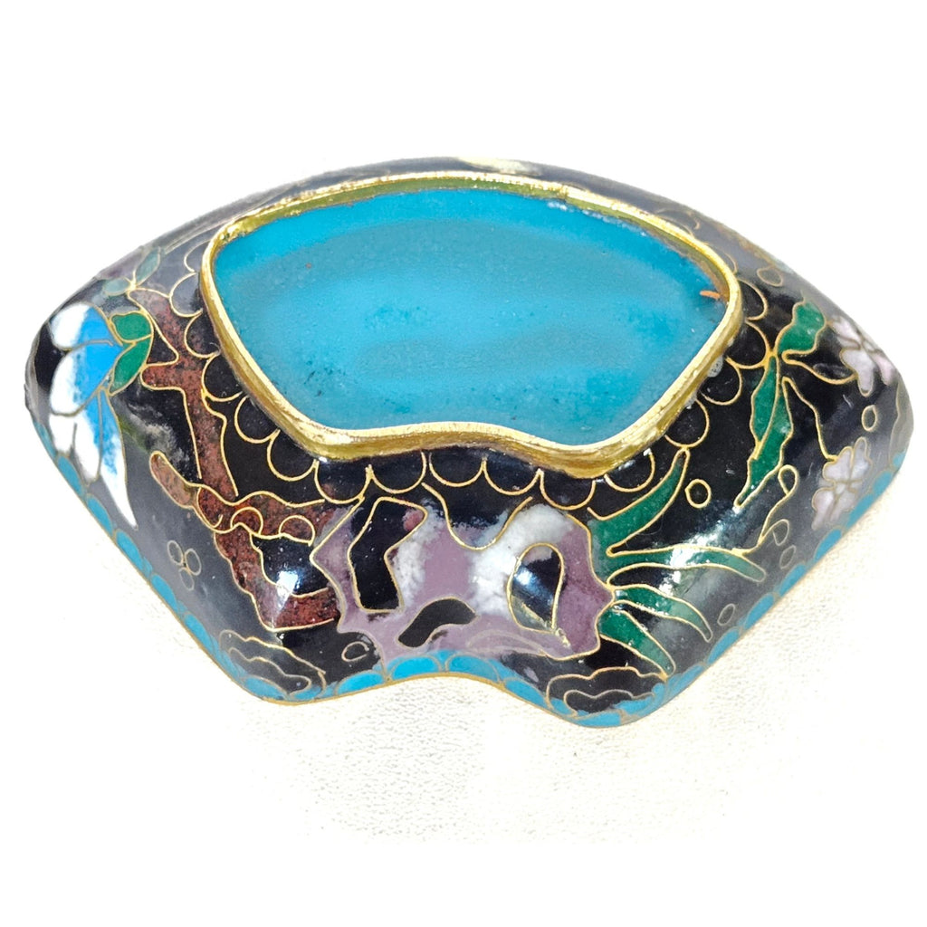 Hand-Painted Cloisonné Trinket Box With Floral & Bird Motif Black & Blue Gold Accents