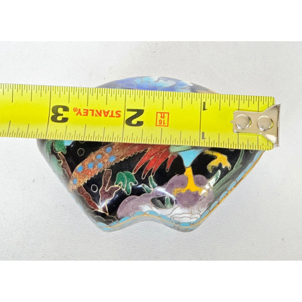 Hand-Painted Cloisonné Trinket Box With Floral & Bird Motif Black & Blue Gold Accents