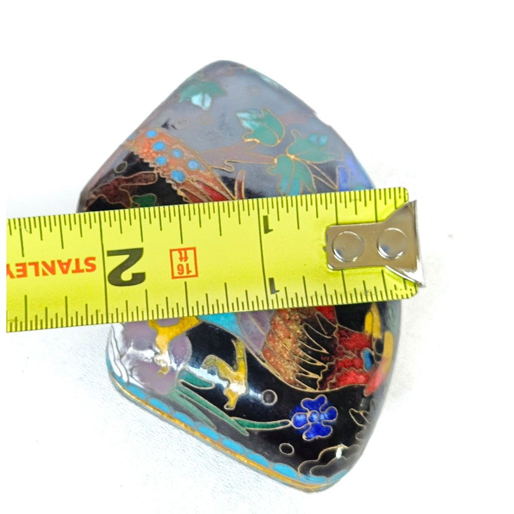 Hand-Painted Cloisonné Trinket Box With Floral & Bird Motif Black & Blue Gold Accents