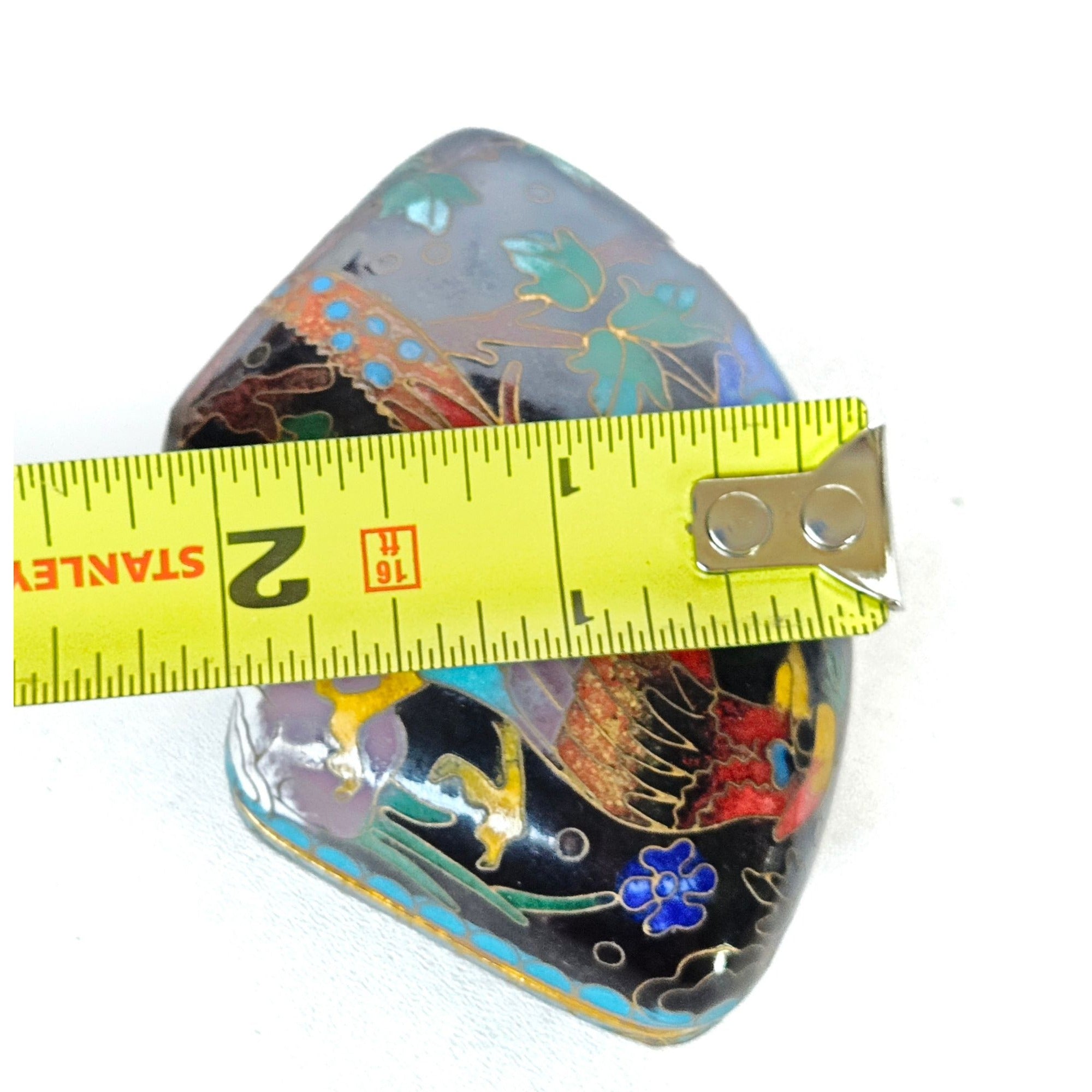 Hand-Painted Cloisonné Trinket Box With Floral & Bird Motif Black & Blue Gold Accents