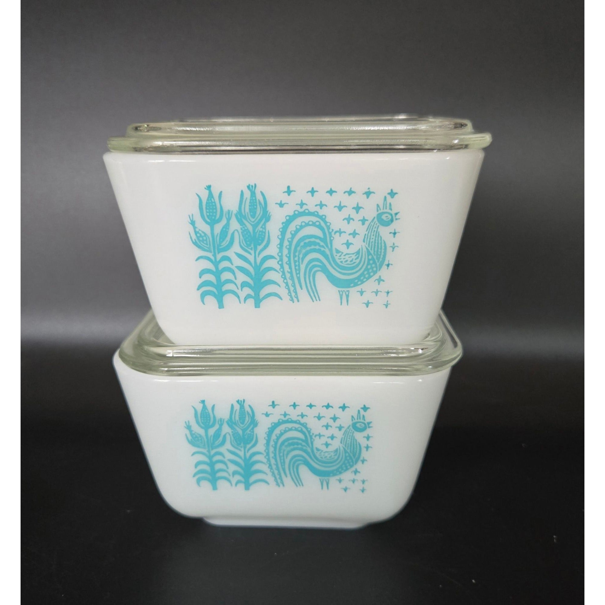 Pyrex Turquoise Amish Butterprint Refrigerator Dishes/Lids 1.5 Cup Vintage Glassware Set 4 pc