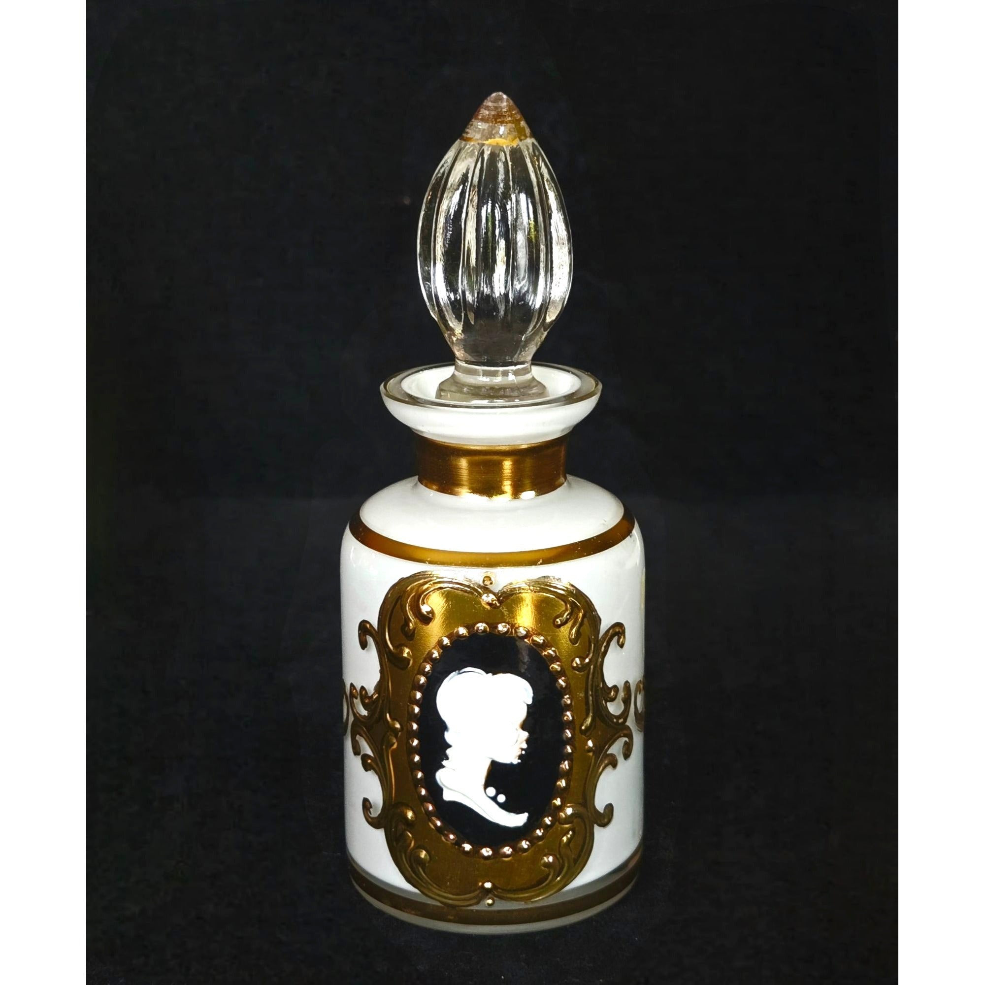 Ornate Vintage Glass Perfume Bottle With Gold Trim & Cameo Design Stopper