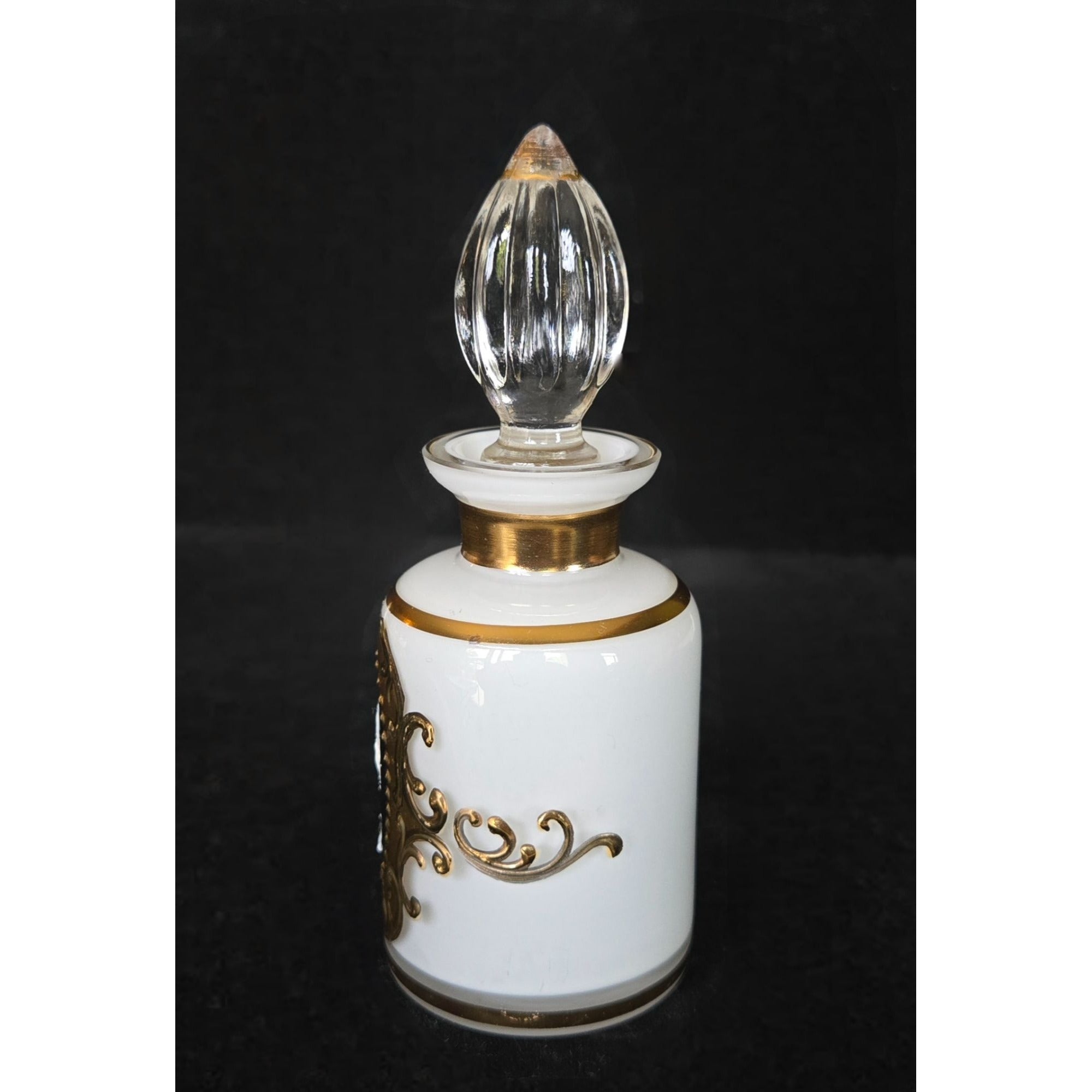 Ornate Vintage Glass Perfume Bottle With Gold Trim & Cameo Design Stopper