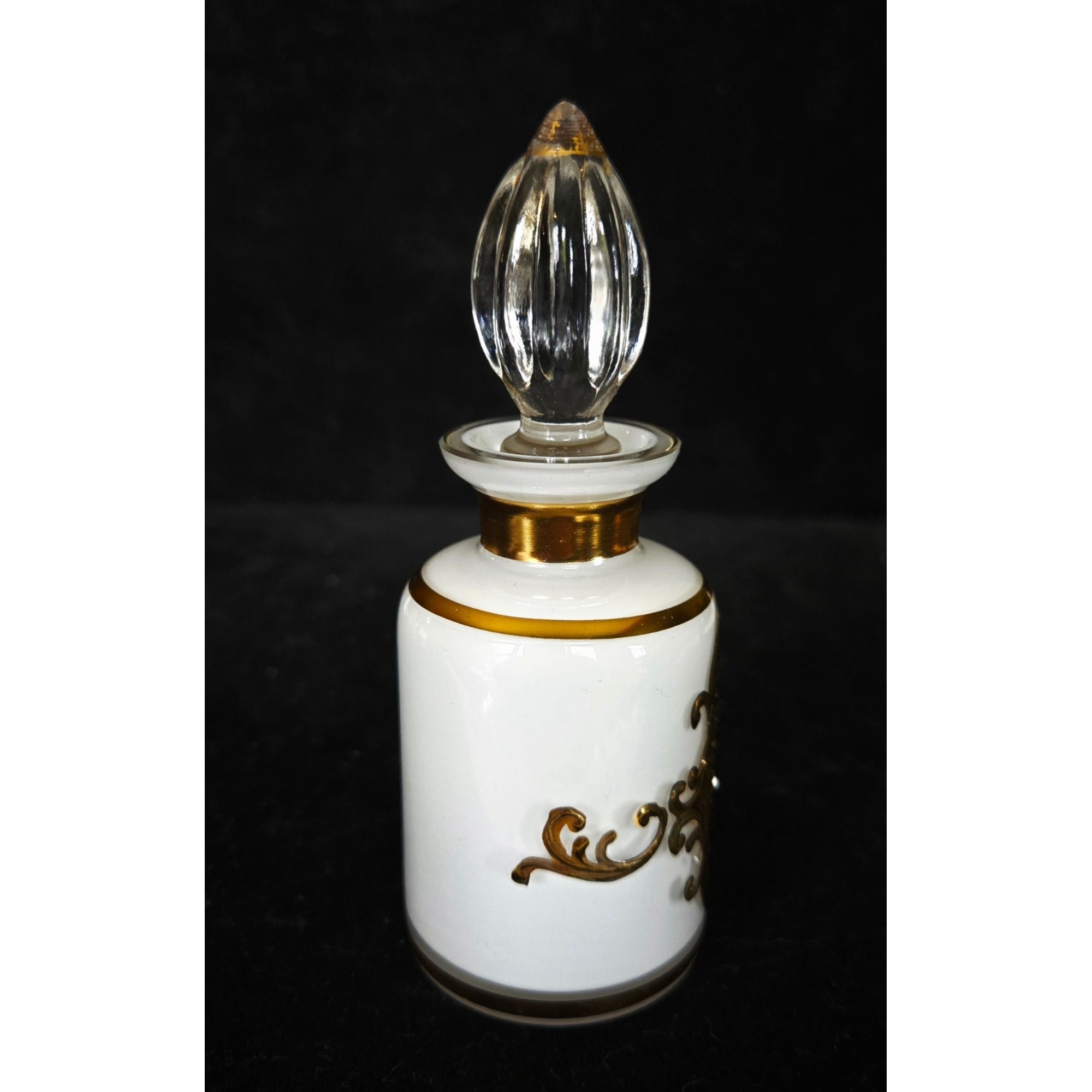 Ornate Vintage Glass Perfume Bottle With Gold Trim & Cameo Design Stopper