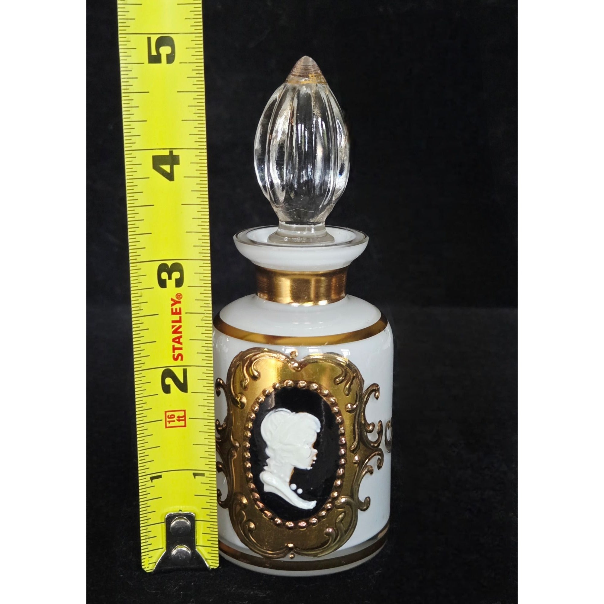 Ornate Vintage Glass Perfume Bottle With Gold Trim & Cameo Design Stopper