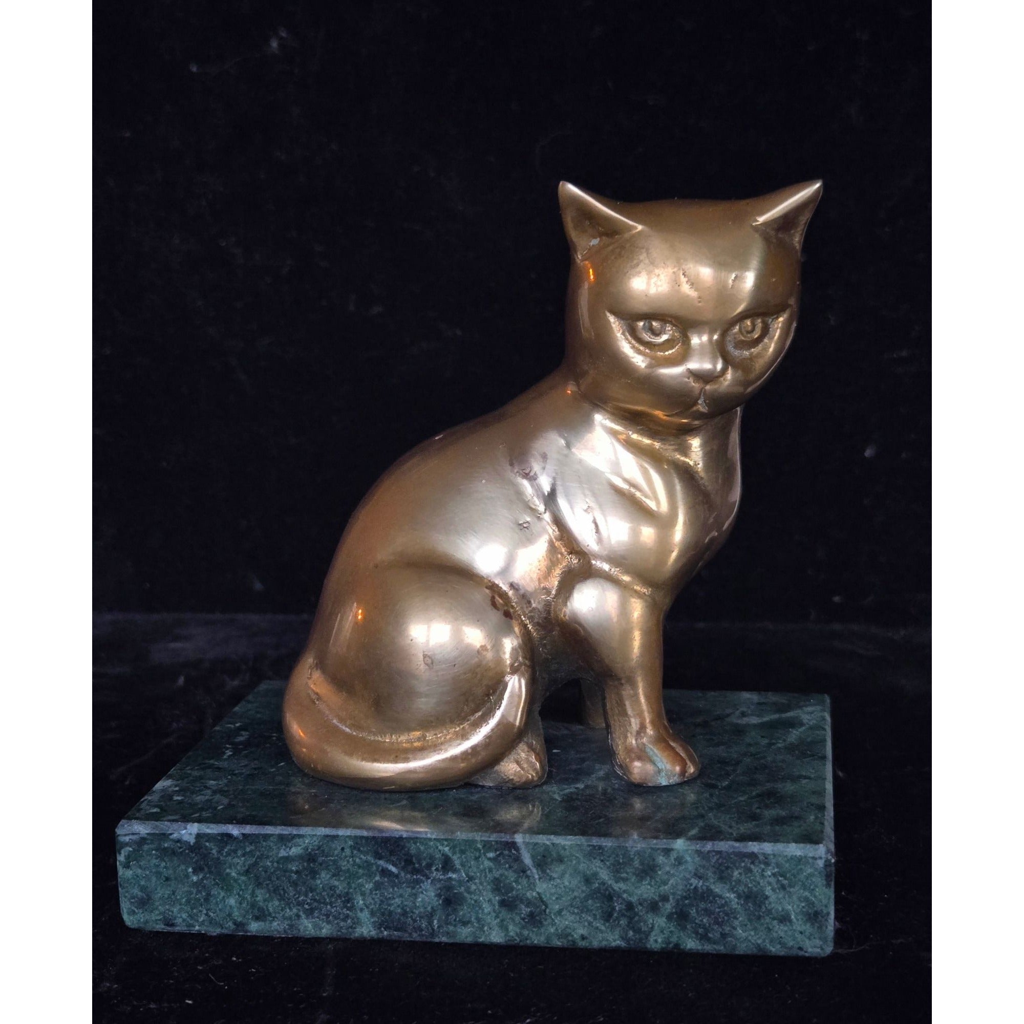 Vintage Solid Brass Cat Figurine On Green Marble Base Vintage Home Decor