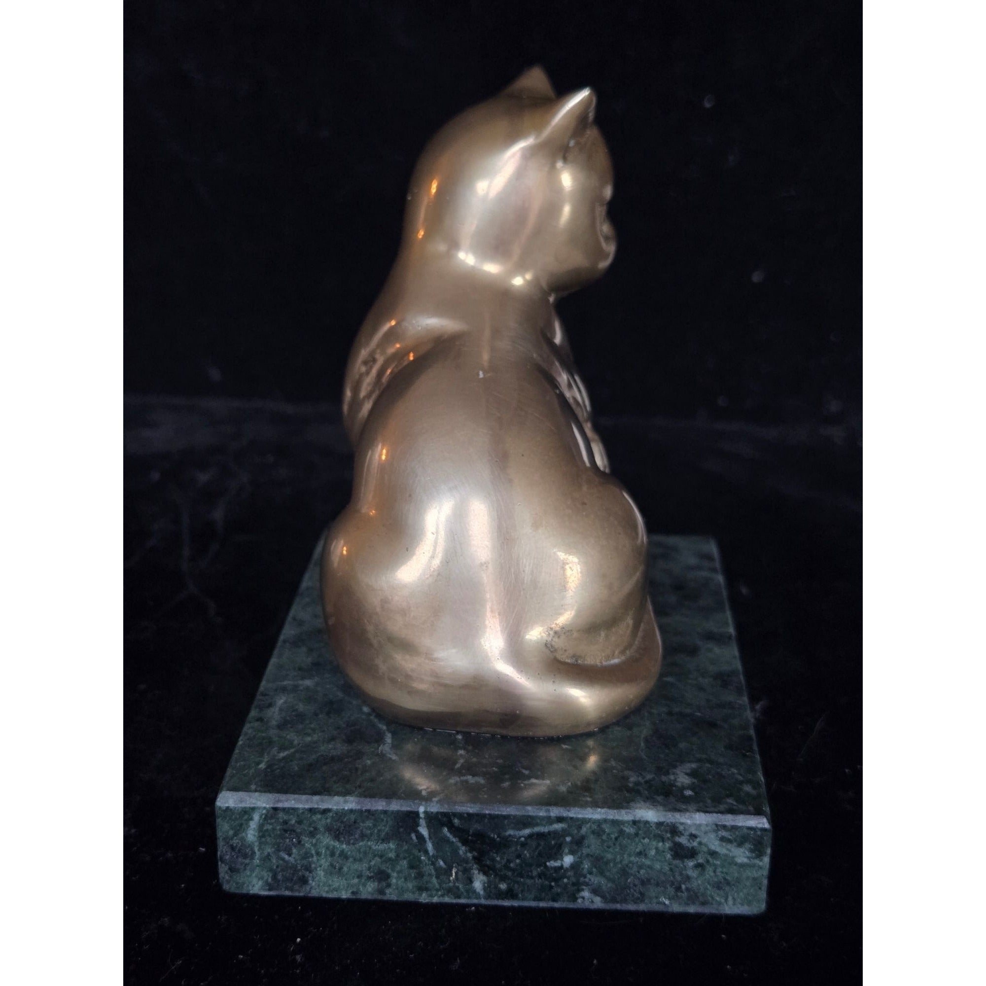 Vintage Solid Brass Cat Figurine On Green Marble Base Vintage Home Decor