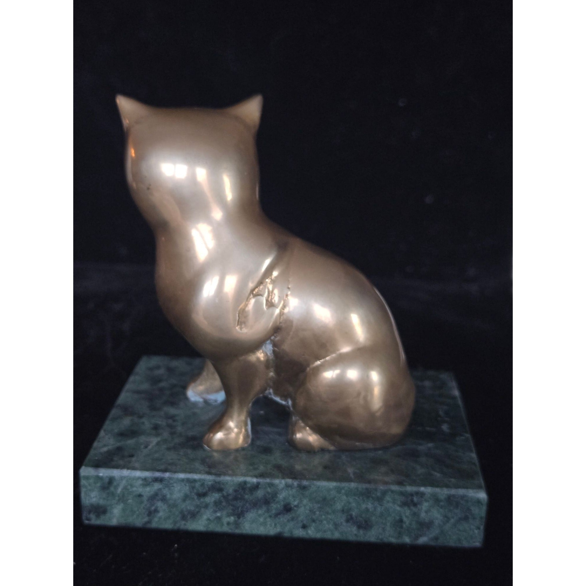 Vintage Solid Brass Cat Figurine On Green Marble Base Vintage Home Decor